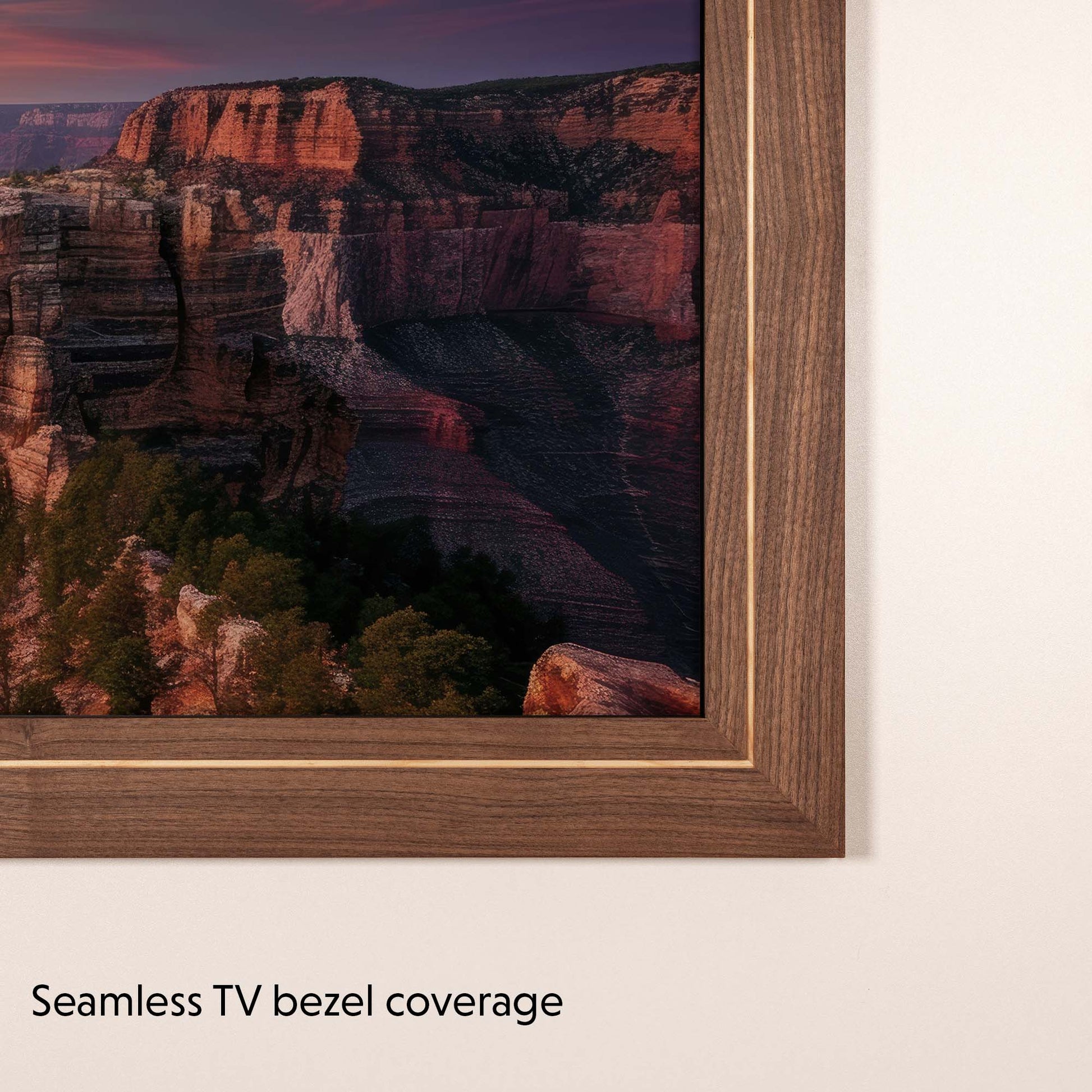 Walnut TV mount fully covers The Frame TV black bezel