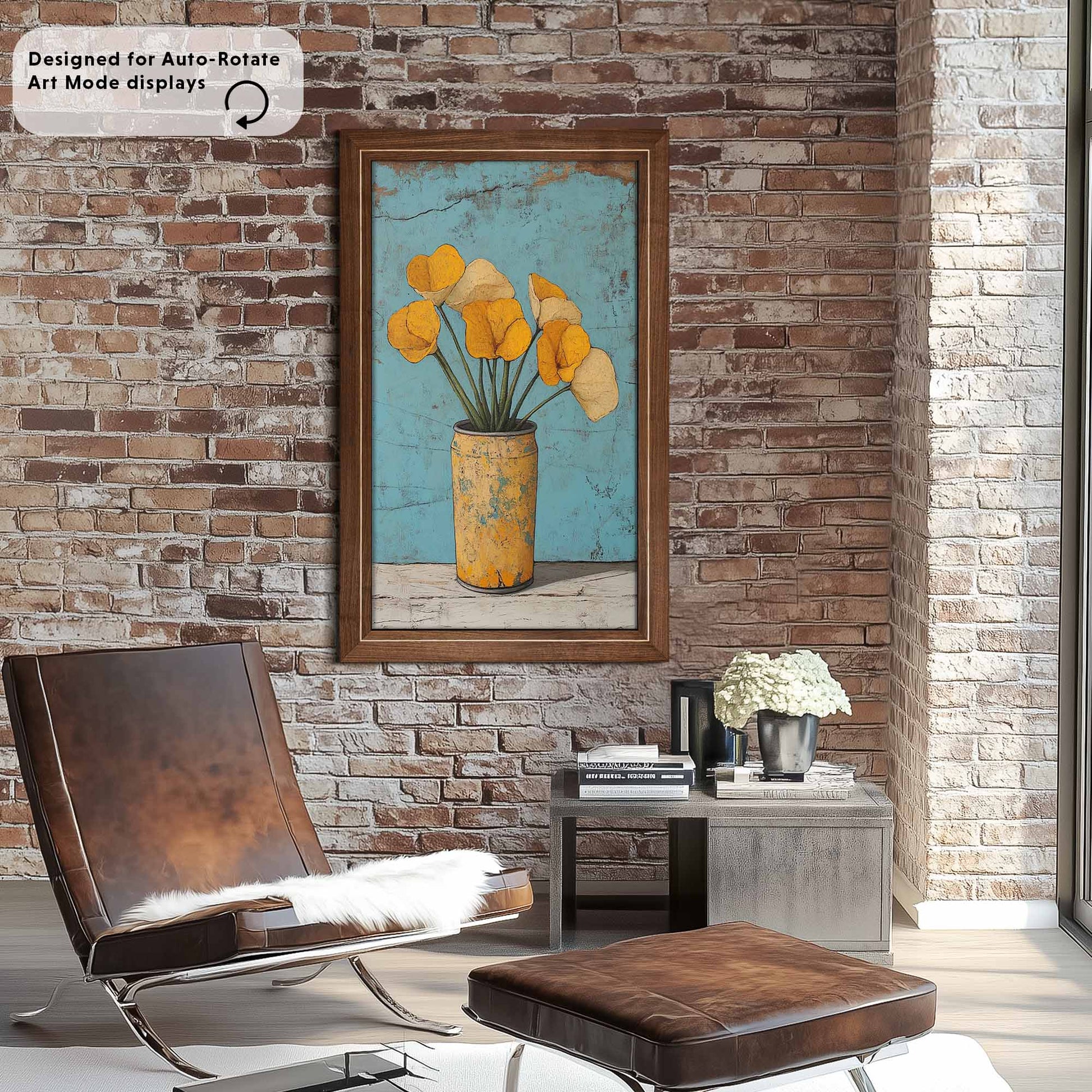 Walnut Tv Bezel in Vertical art mode on red brick wall in industrial style