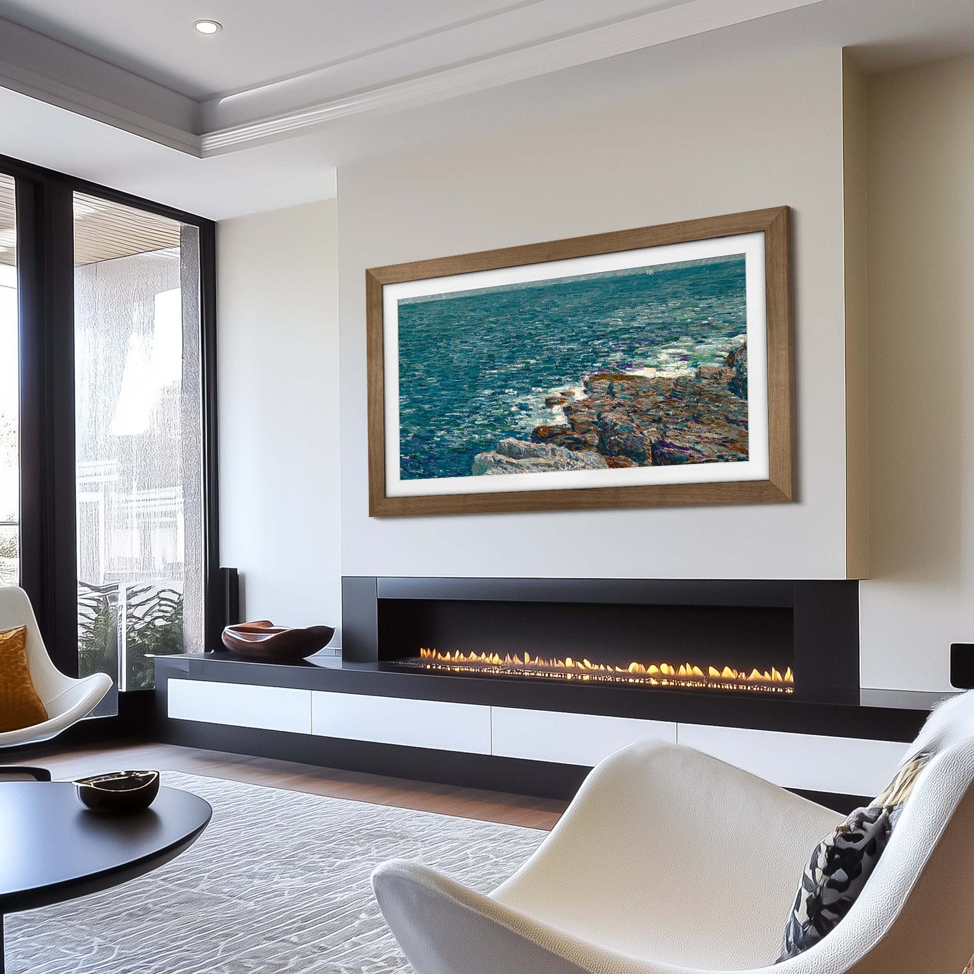 Walnut frame for Samsung the frame 85 tv on the wall above and electric fireplace in modern living design