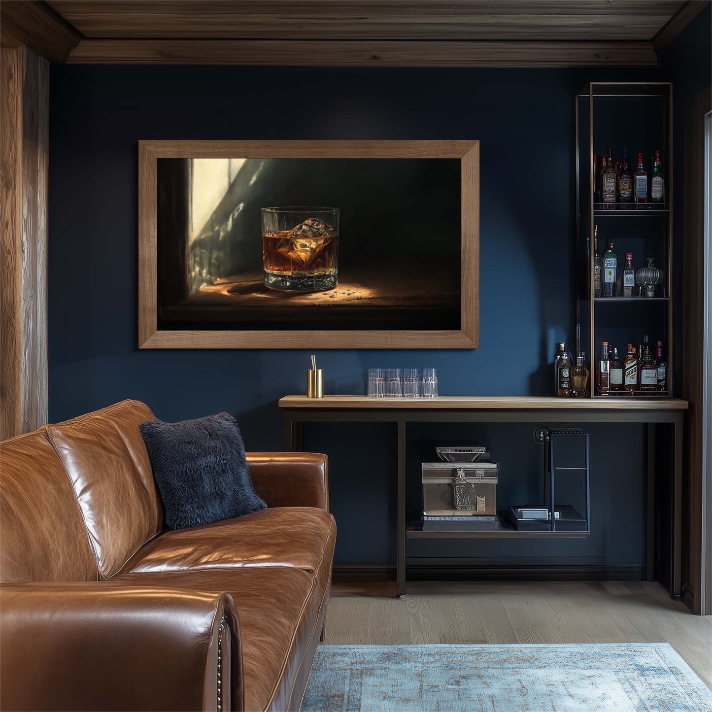 Walnut tv frame for TCL NXTFRAME 65 tv on the wall in bar corner in modern rustic interior