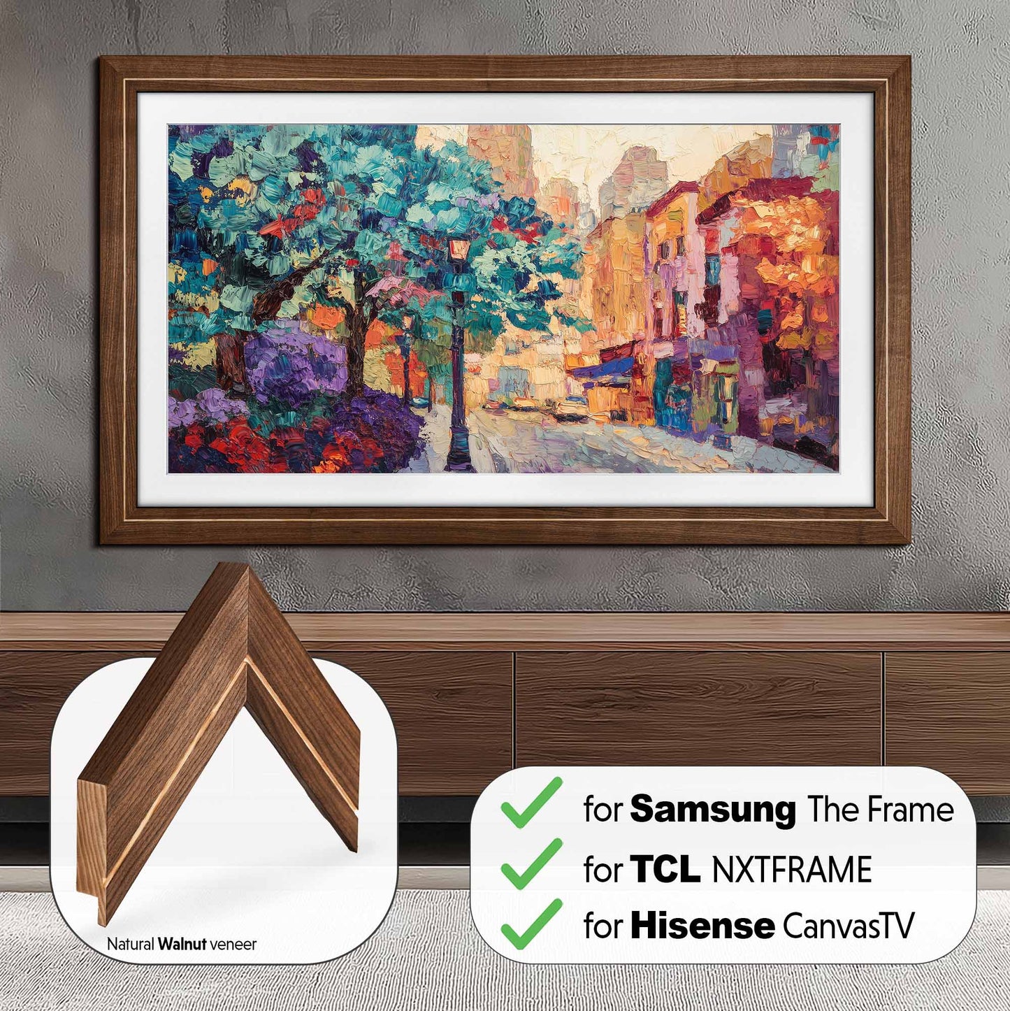 Cadre TV pour téléviseurs Samsung The Frame, lunette TV faite à la main, finition rustique en bois foncé et or, tailles de cadre TV 32, 43, 50, 55, 65, 75, 85 pouces