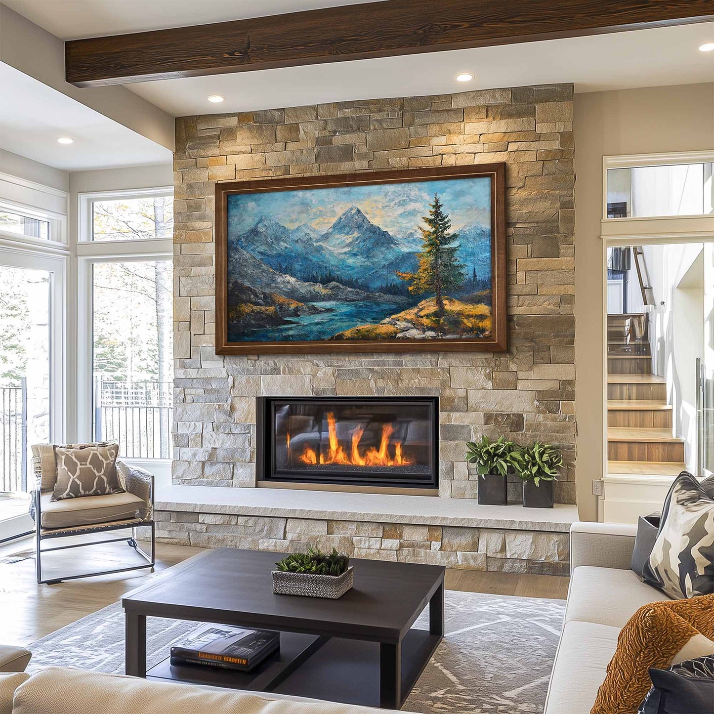 Walnut tv frame on the wall above stone fireplace in Transitional Living Room