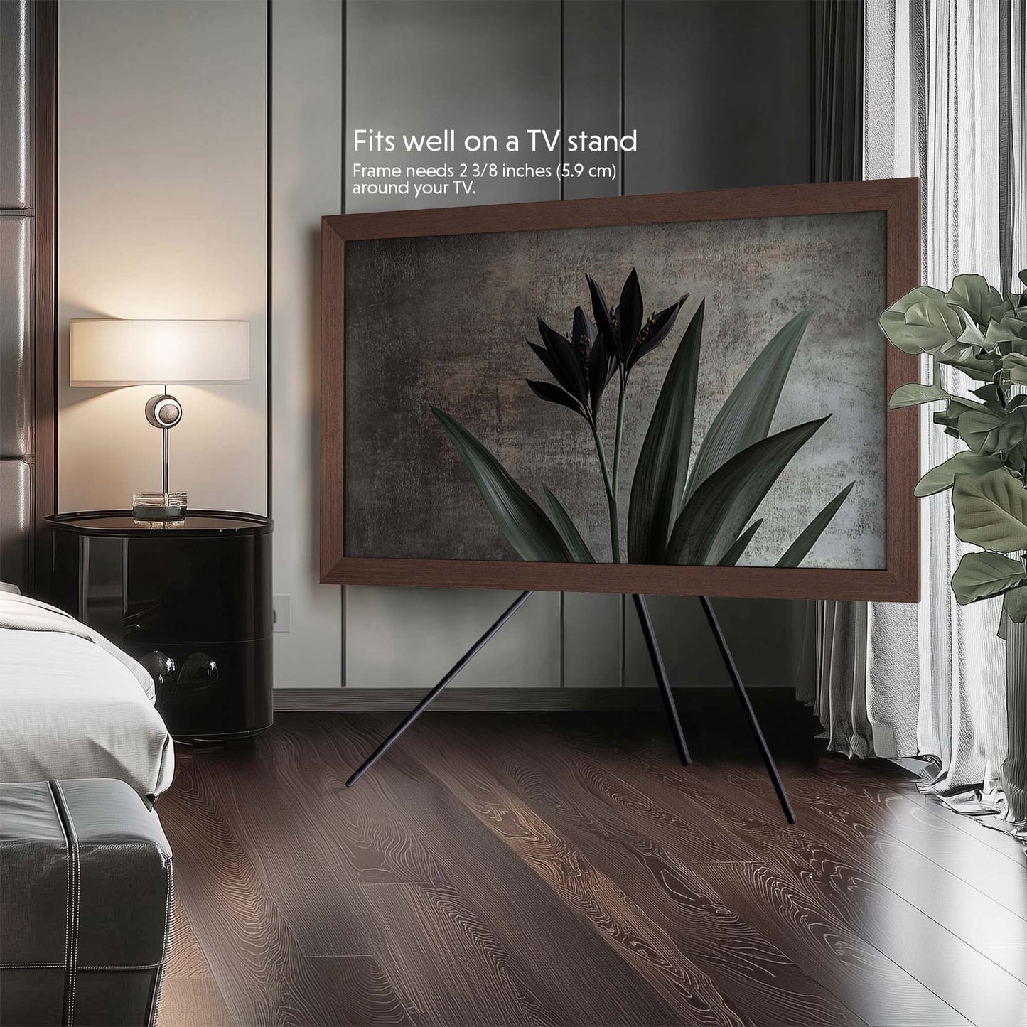 Wenge tv frame for The Frame 55 on tripod stand in the corner of bedroom