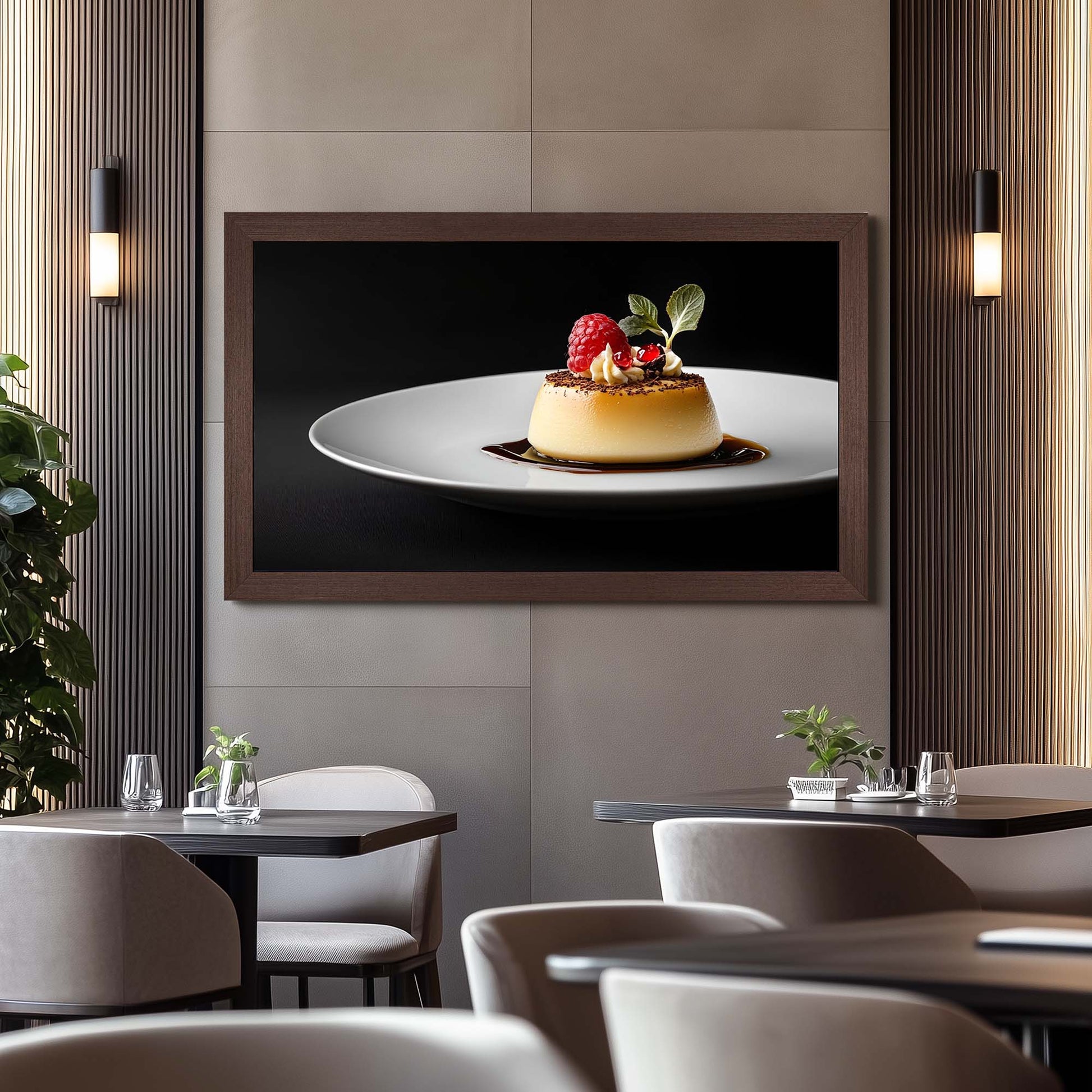 Wenge wood tv frame for The Frame by Samsung on the wall in elite modern design restaurant