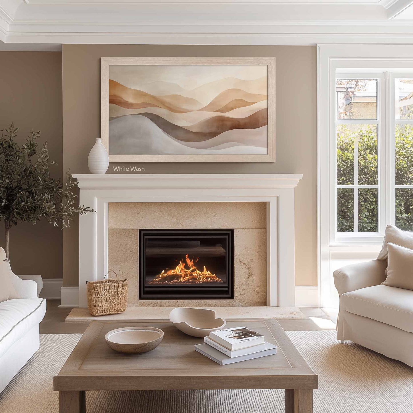 White Wash oak tv frame for The Frame in light traditional living room interior