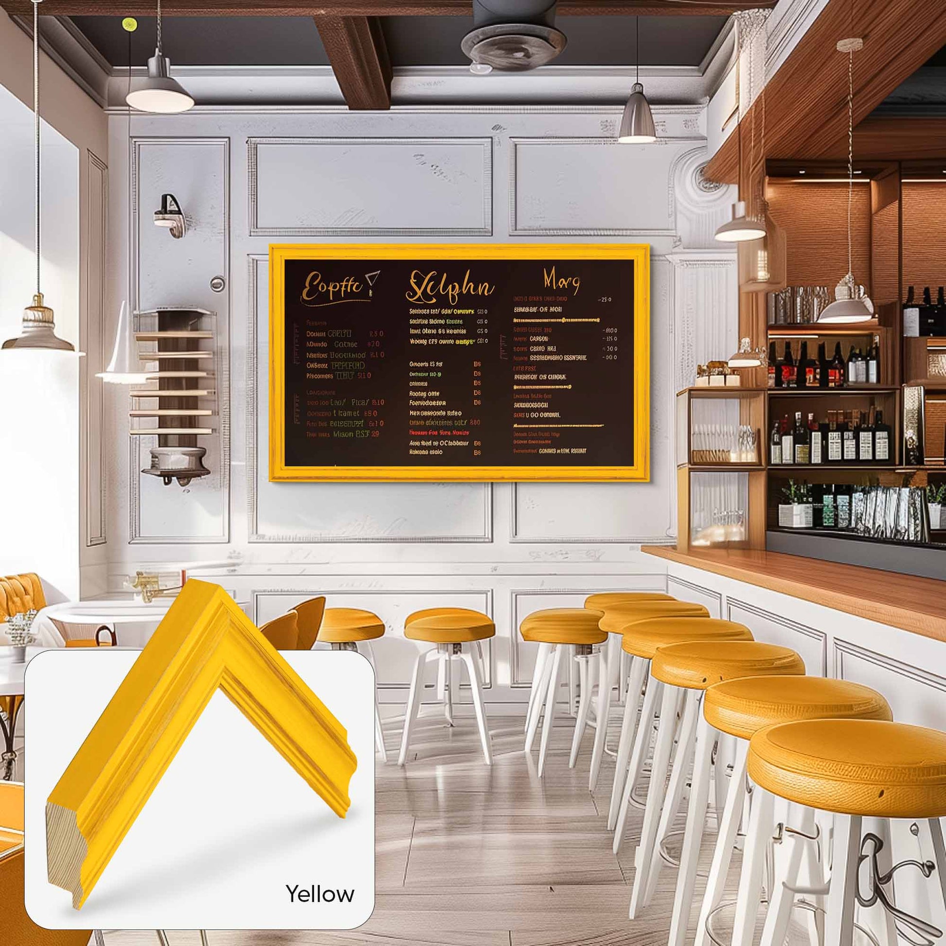 Yellow TV Frame in modern Cafe interior