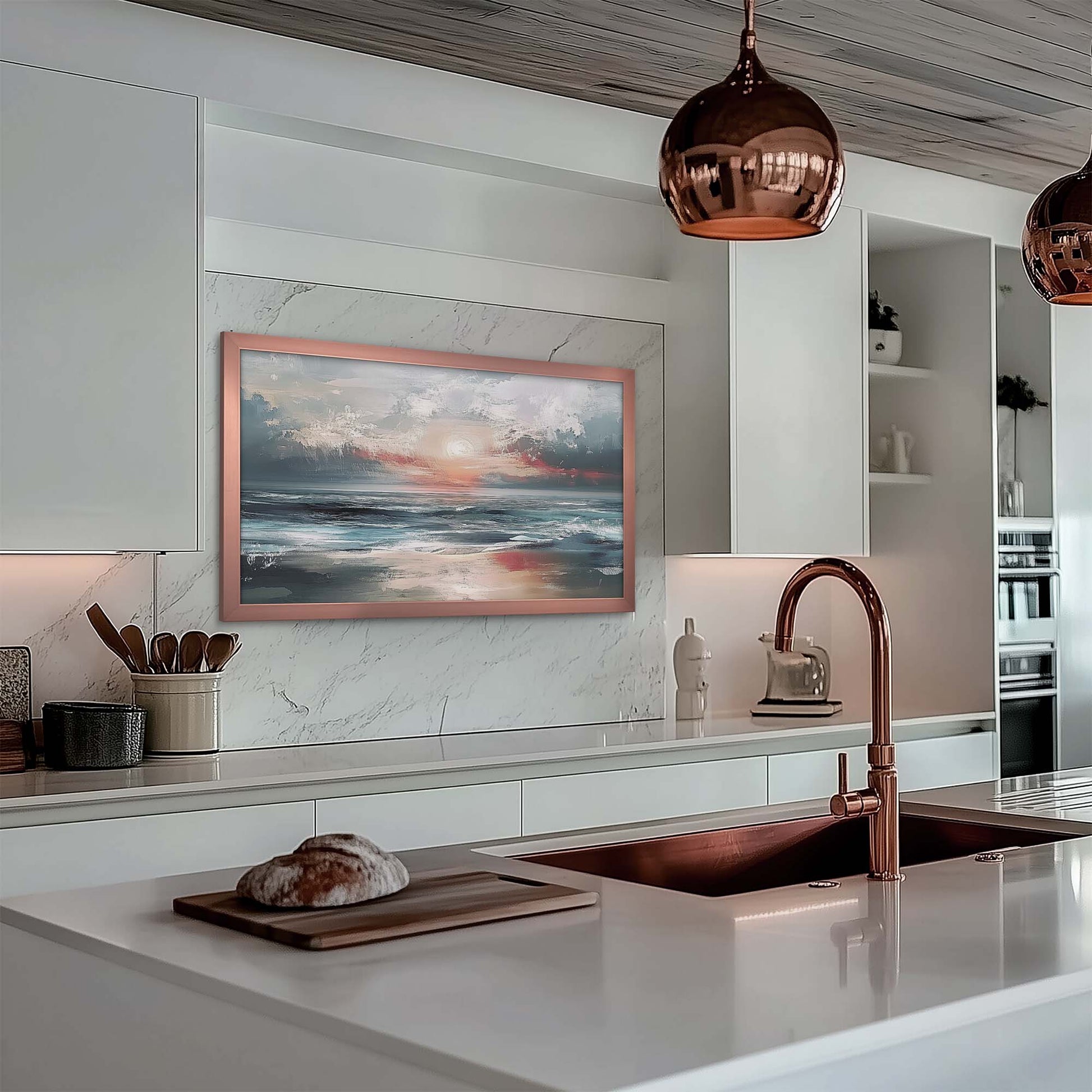 Modern metallic copper rose gold Frame TV in sleek elegant kitchen interior.