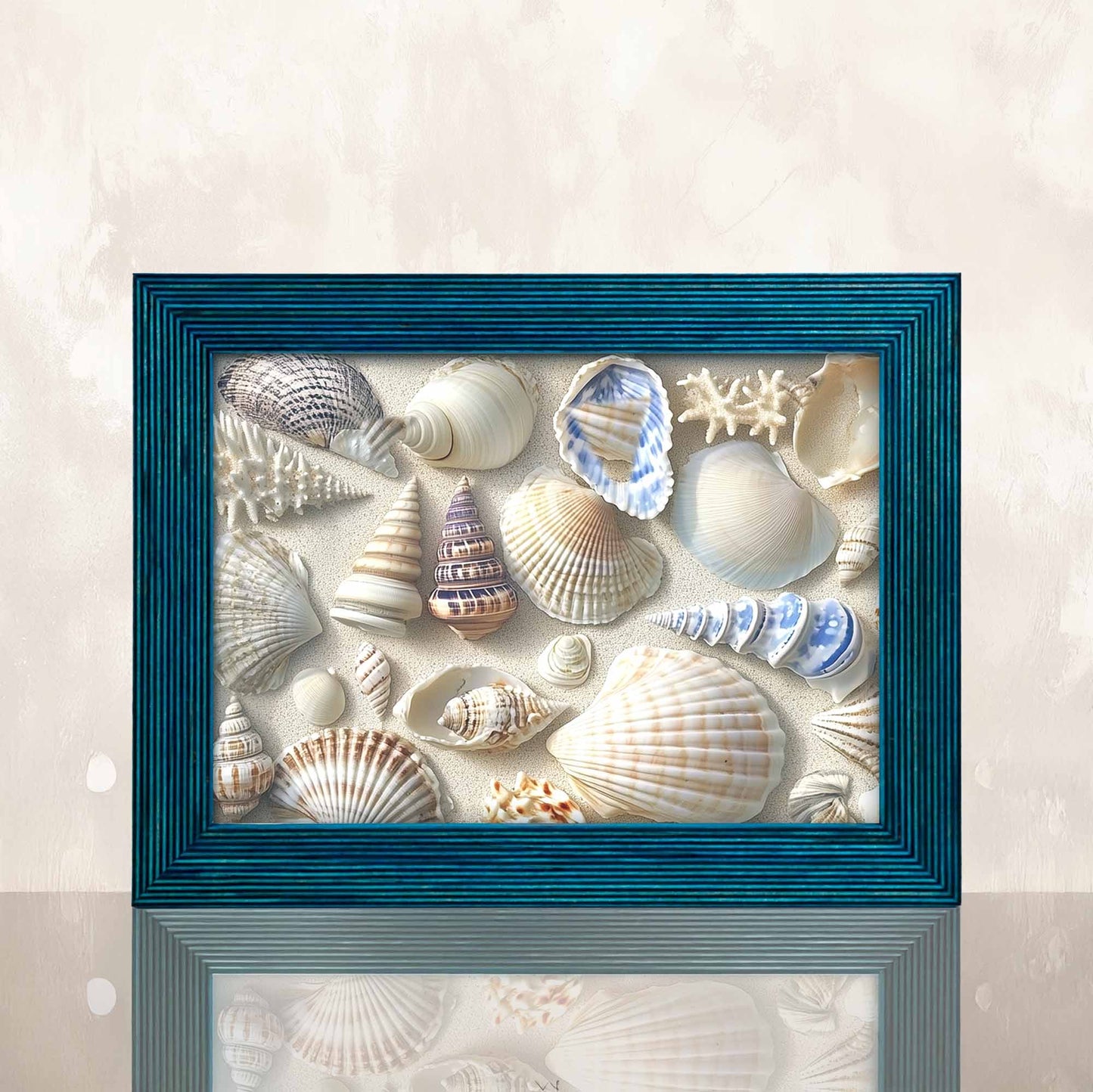 blue textured picture frame, seashells framed, beach picture frame art, beige textured wall
