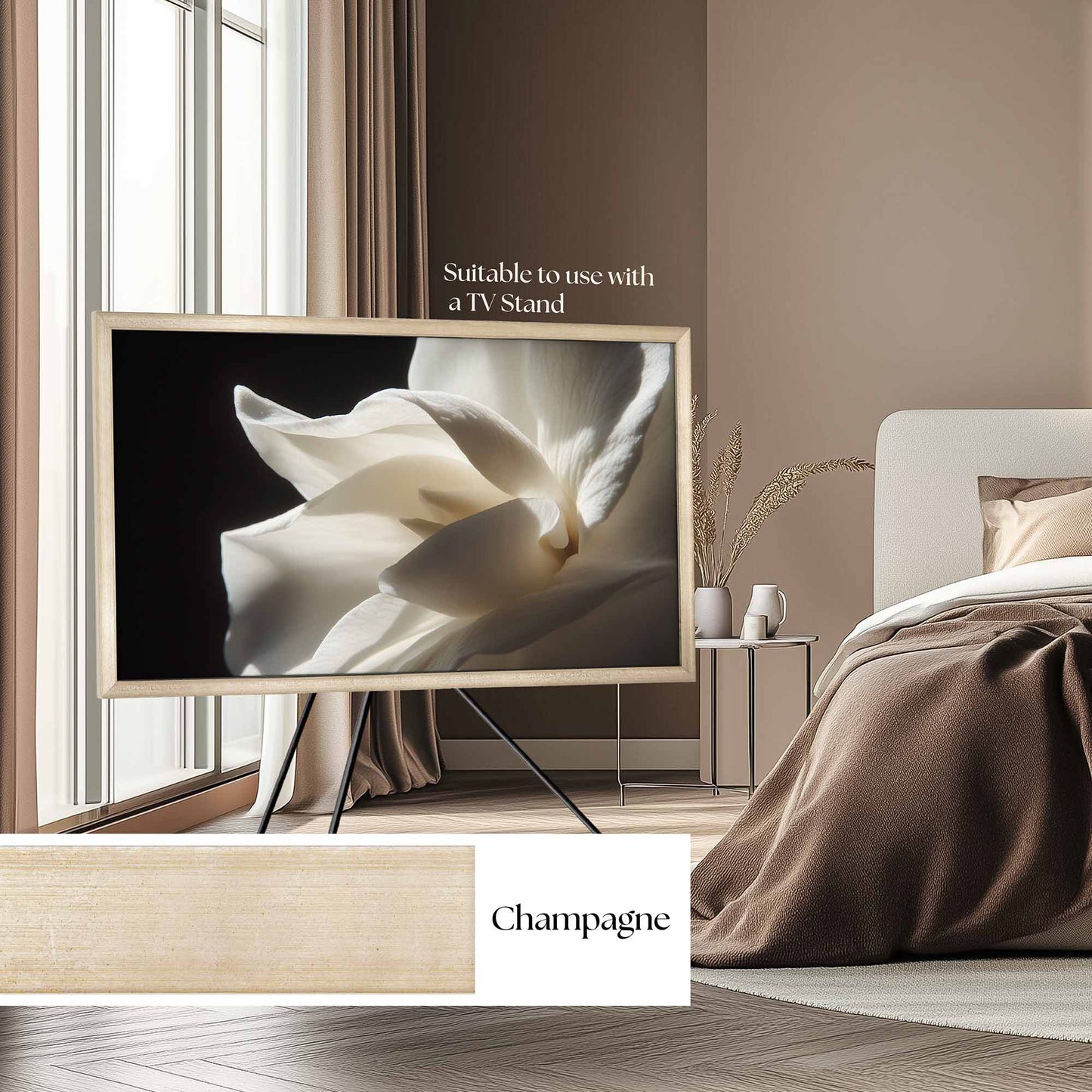 Champagne color TV frame in a modern minimalistic chic cozy boho interior, suitable for a TV stand