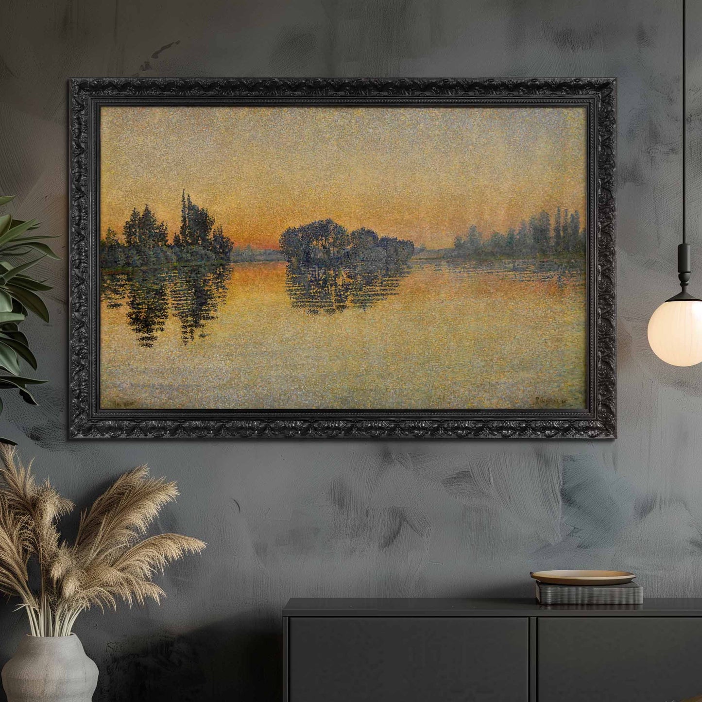 close up to Black Tv frame on grey wall in Modern style