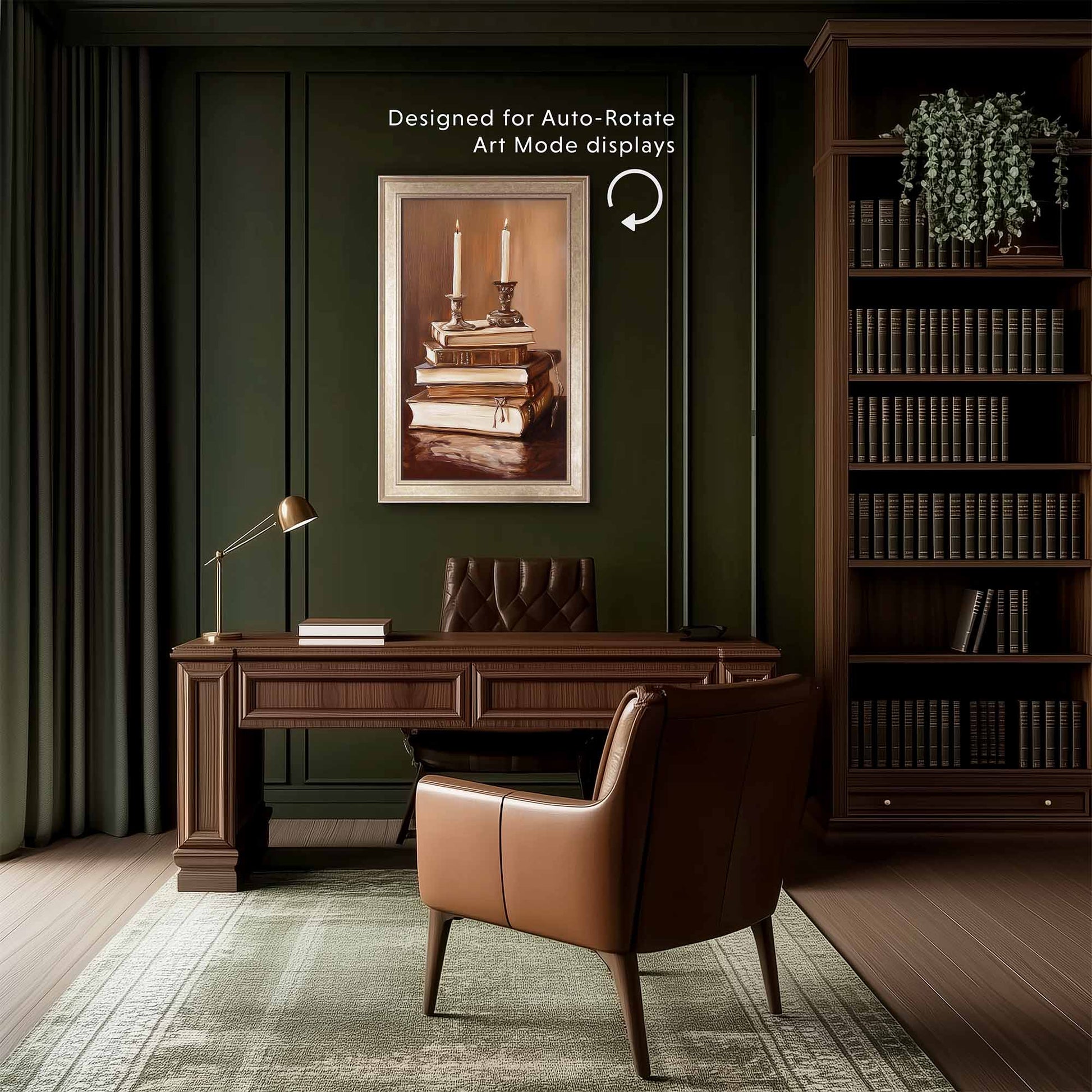 Designed for auto rotate art mode displays vertical samsung tv frame mode, dark moody contemporary office with dark brown wood interior and olive dark green office wall