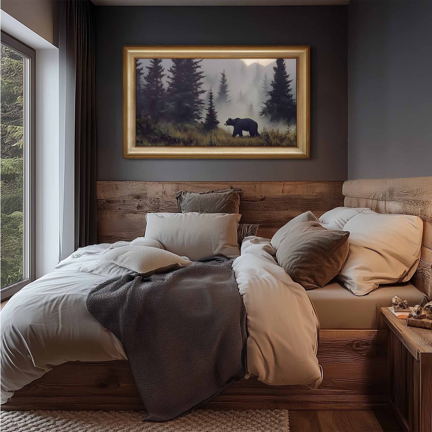 earthy cozy bedroom wooden interior modern interior gold Samsung tv frame bear wilderness painting