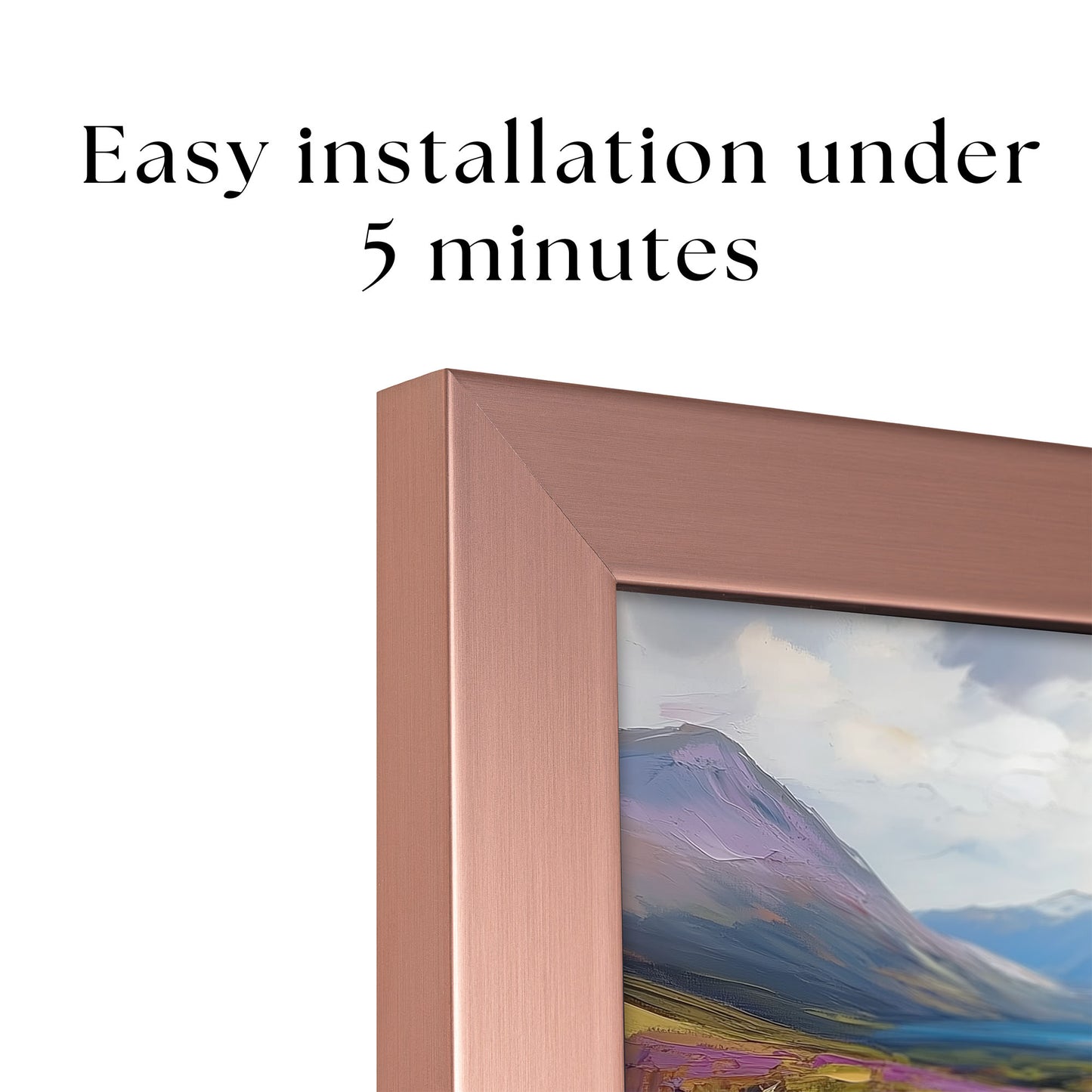 Corner of gold metallic copper rose gold TV Frame with text saying "Easy installation under 5 minutes".