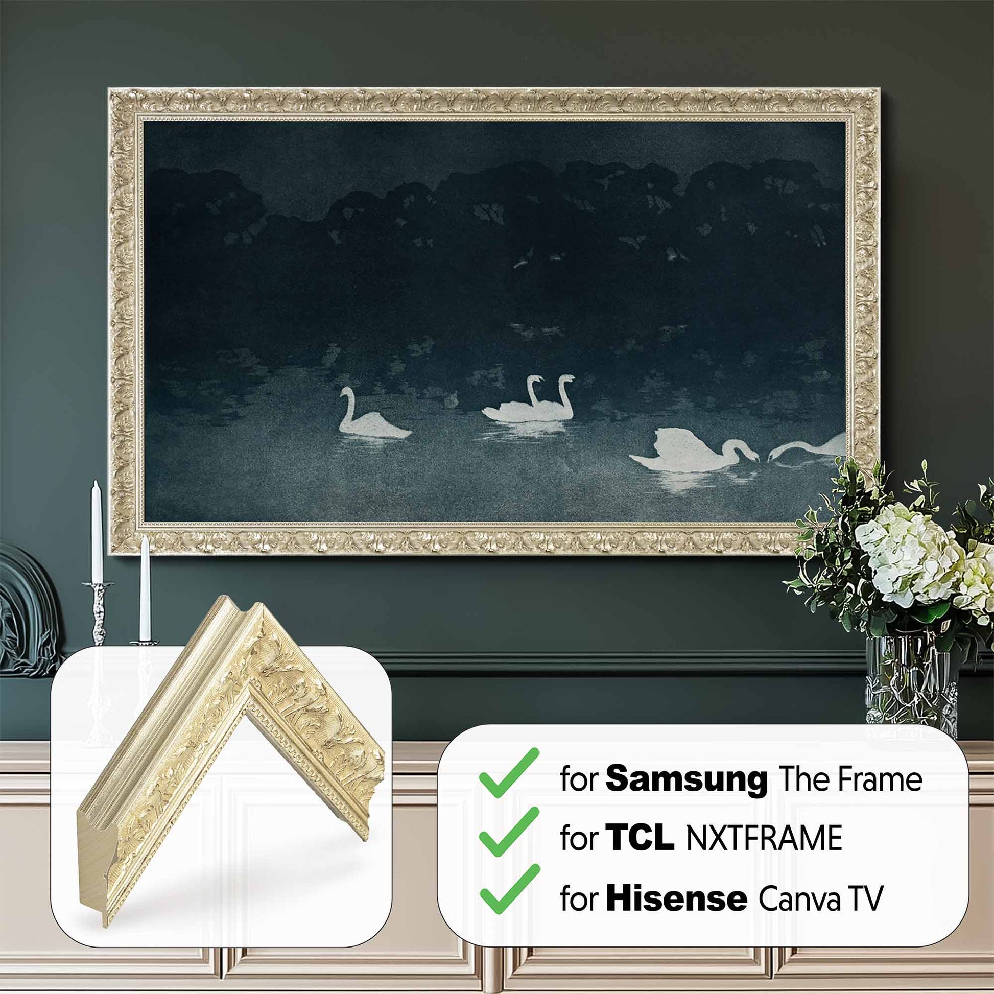 Decorative framed artwork with swan design on a dark wall, featuring compatibility labels for Samsung, TCL, and Hisense TV frames. Ornate Champagne Frame for Samsung The Frame, Mount for Hisense CanvasTV, Bezel for NXTFRAME by TCL Tv, Sizes 32 43 50 55 65 75 85 inch
