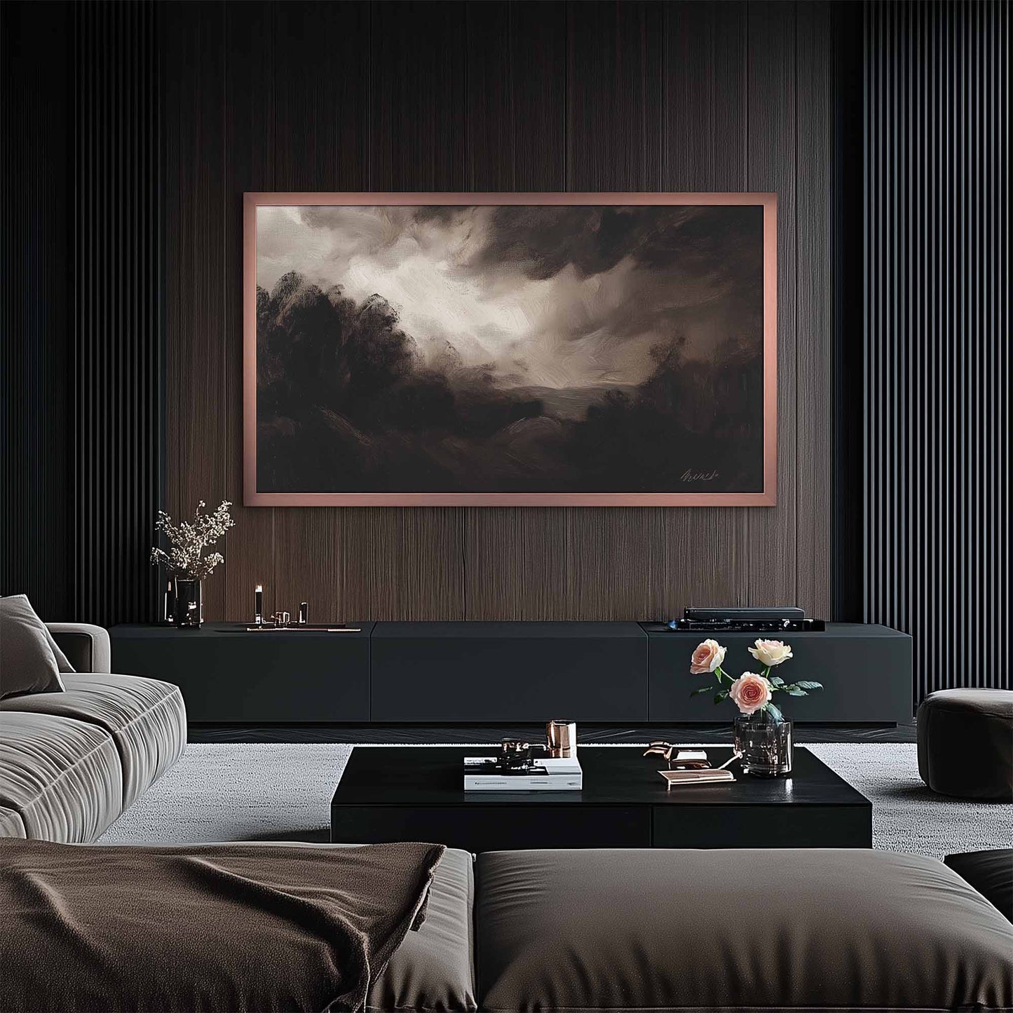 Copper rose gold minimal TV Frame for Samsung TCL in ultra modern living room interior.