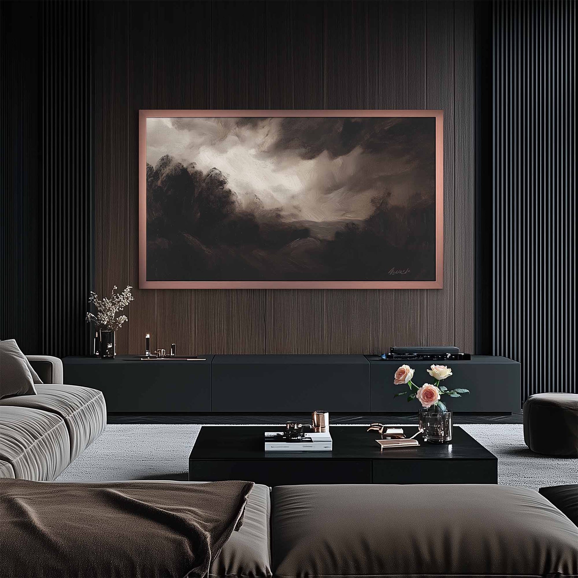Copper rose gold minimal TV Frame for Samsung TCL in ultra modern living room interior.