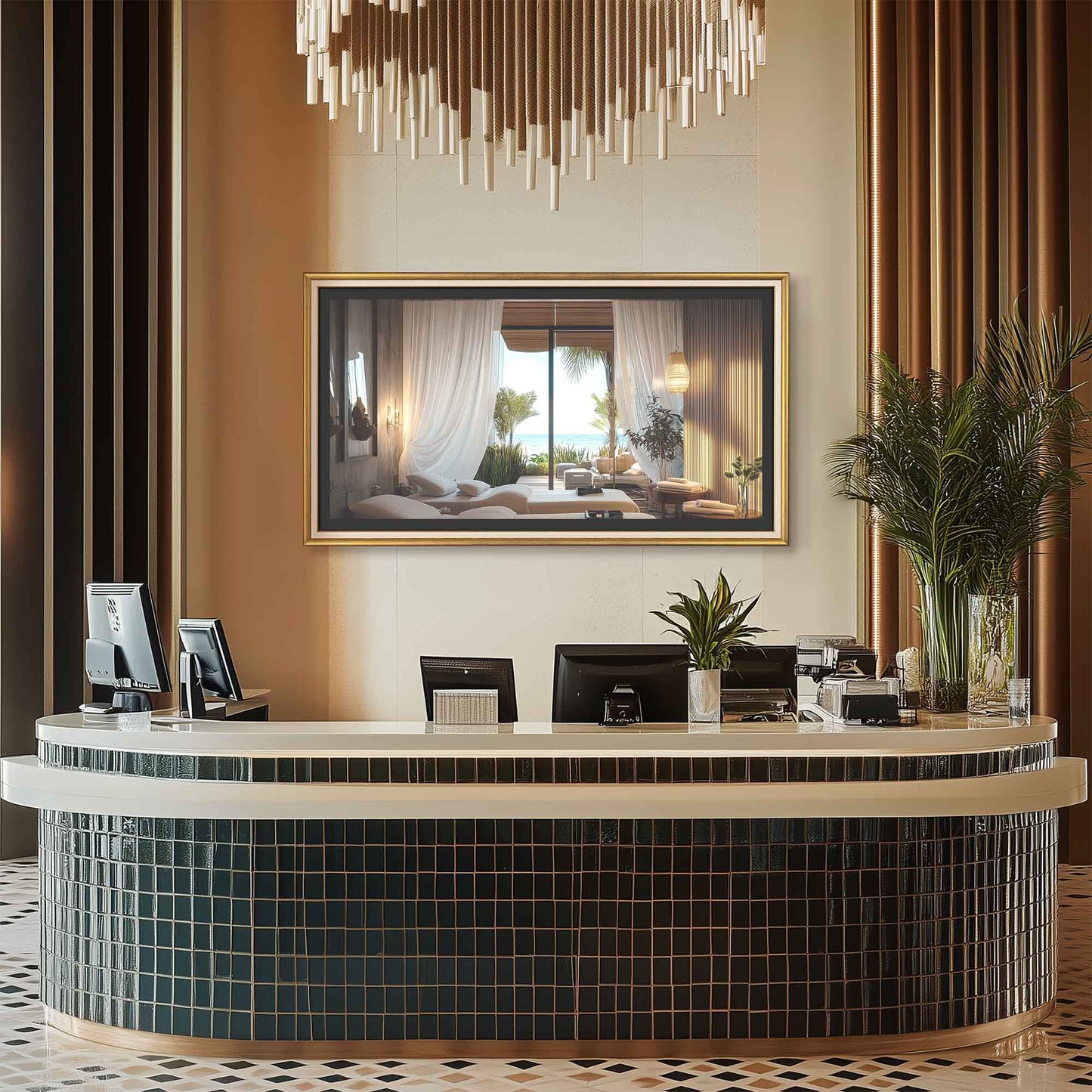 Gold wooden TV Frame located in luxurious hotel reception interior.