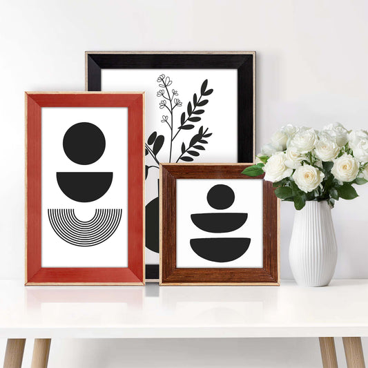 red picture frame, brown picture frame, black picture frame