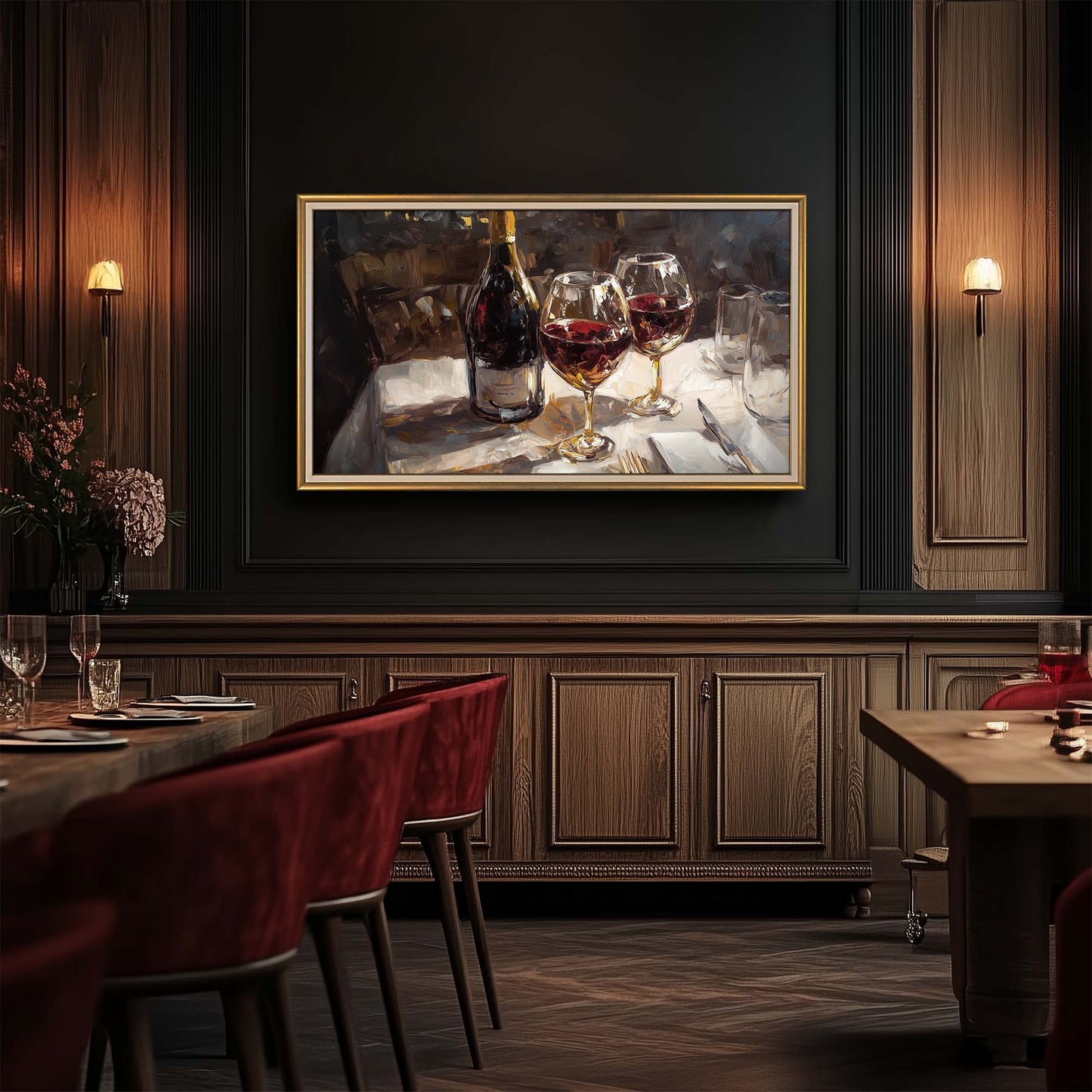 Classy gold TV Frame in wooden Rustic interior in restaurant.