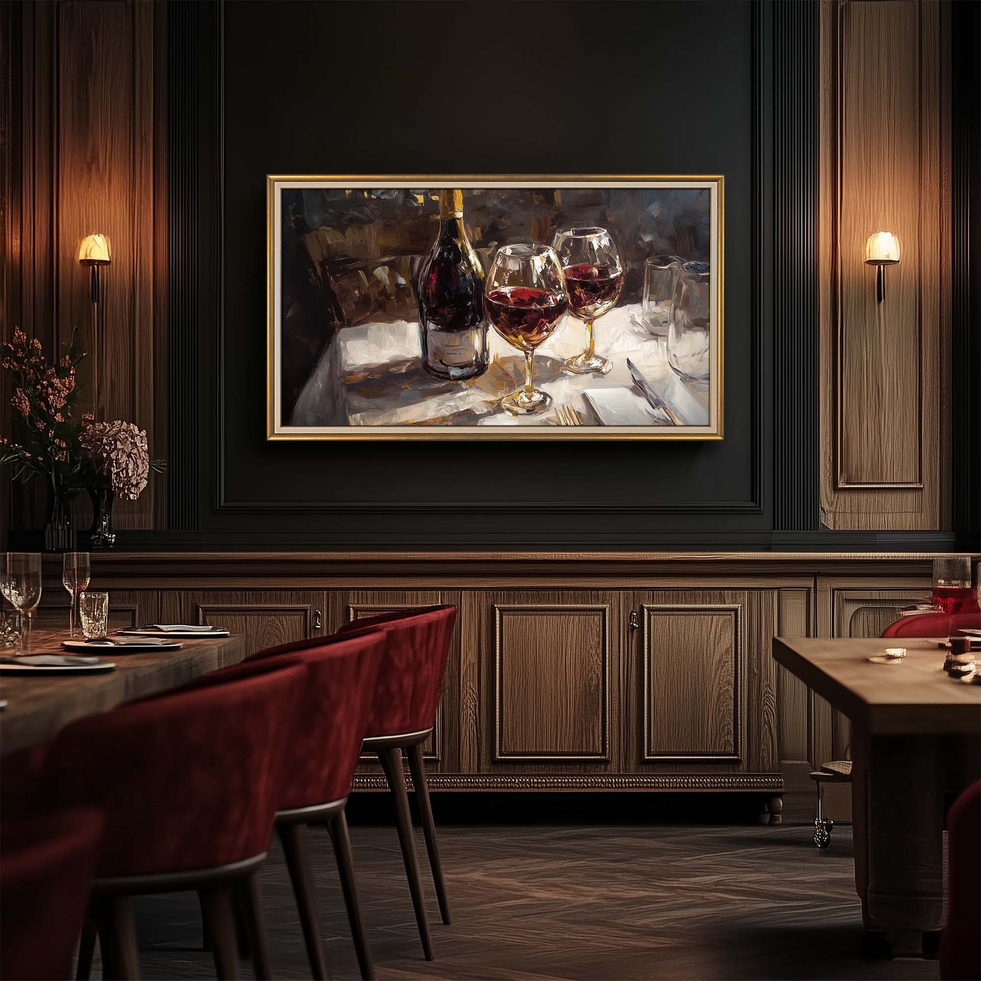 Classy gold TV Frame in wooden Rustic interior in restaurant.