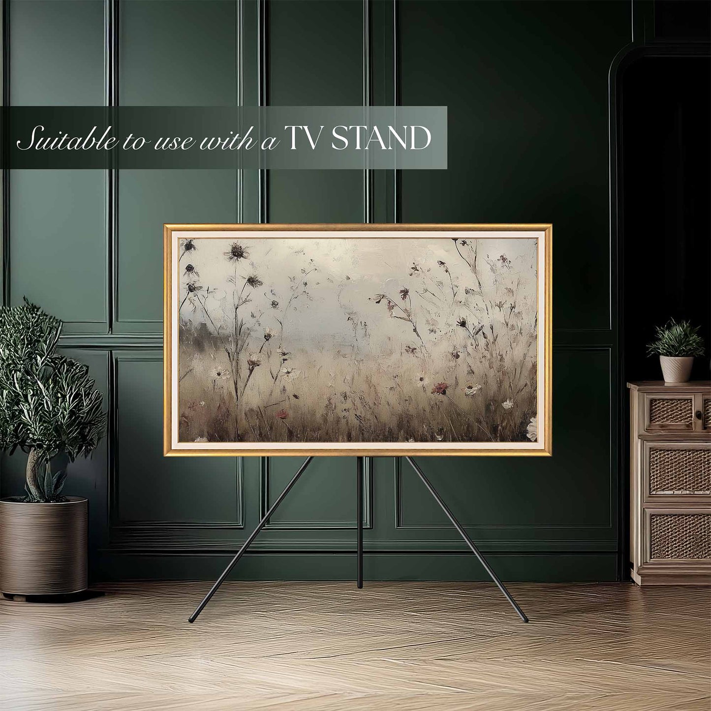 Frame TV in classy luxurious interior setting on easel style stand.
