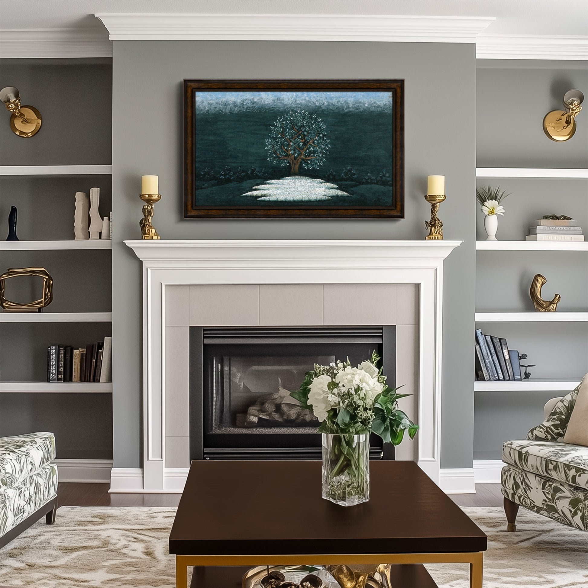 Living room with fireplace, shelves, and a vase of flowers on a table.