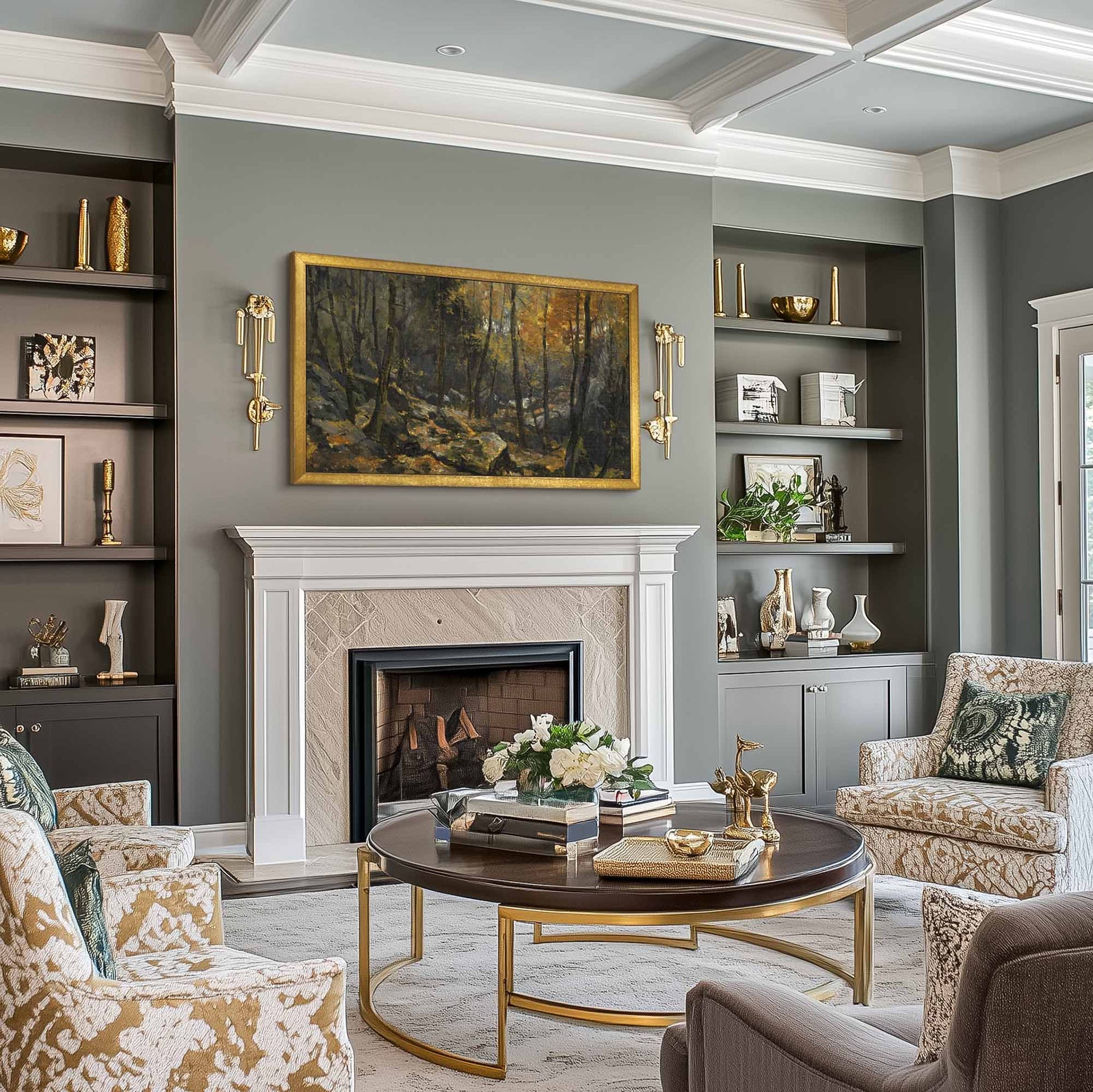 gold bezel on the wall above classic fireplace in traditional tropical living room