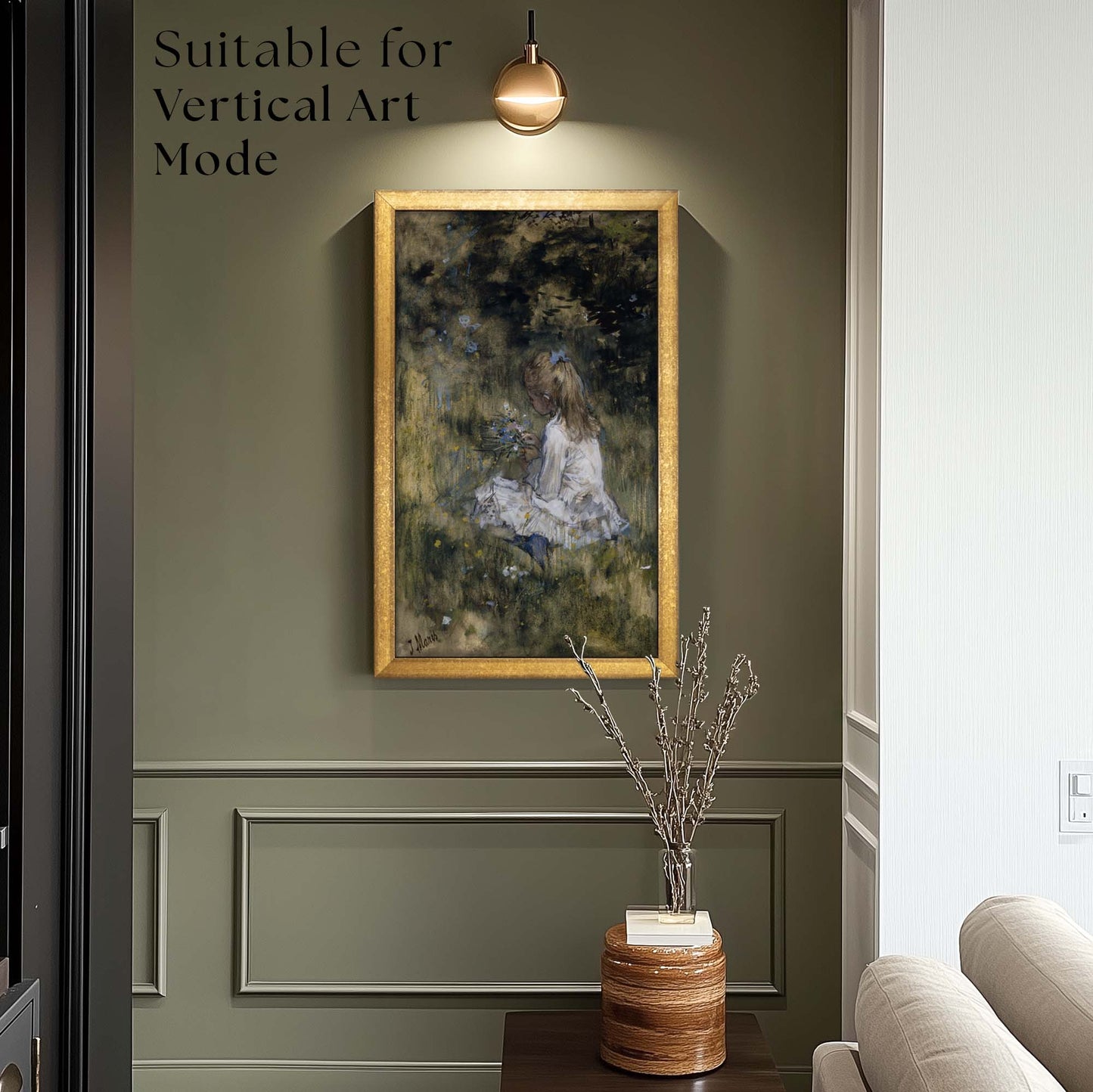 gold frame in vertical art mode on sage green wall in modern traditional accent corner