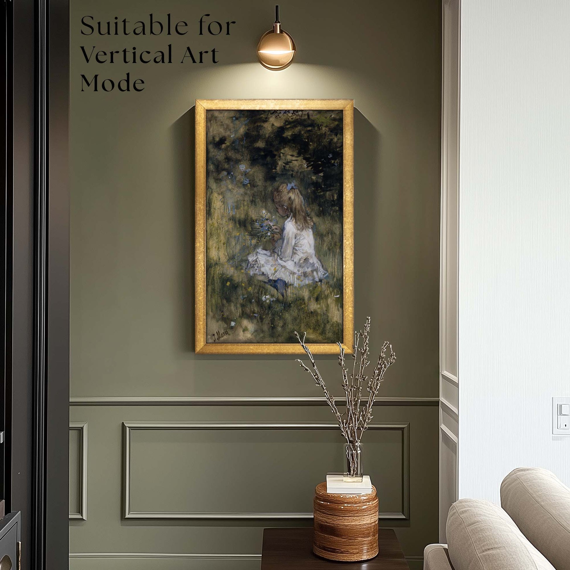 gold frame in vertical art mode on sage green wall in modern traditional accent corner