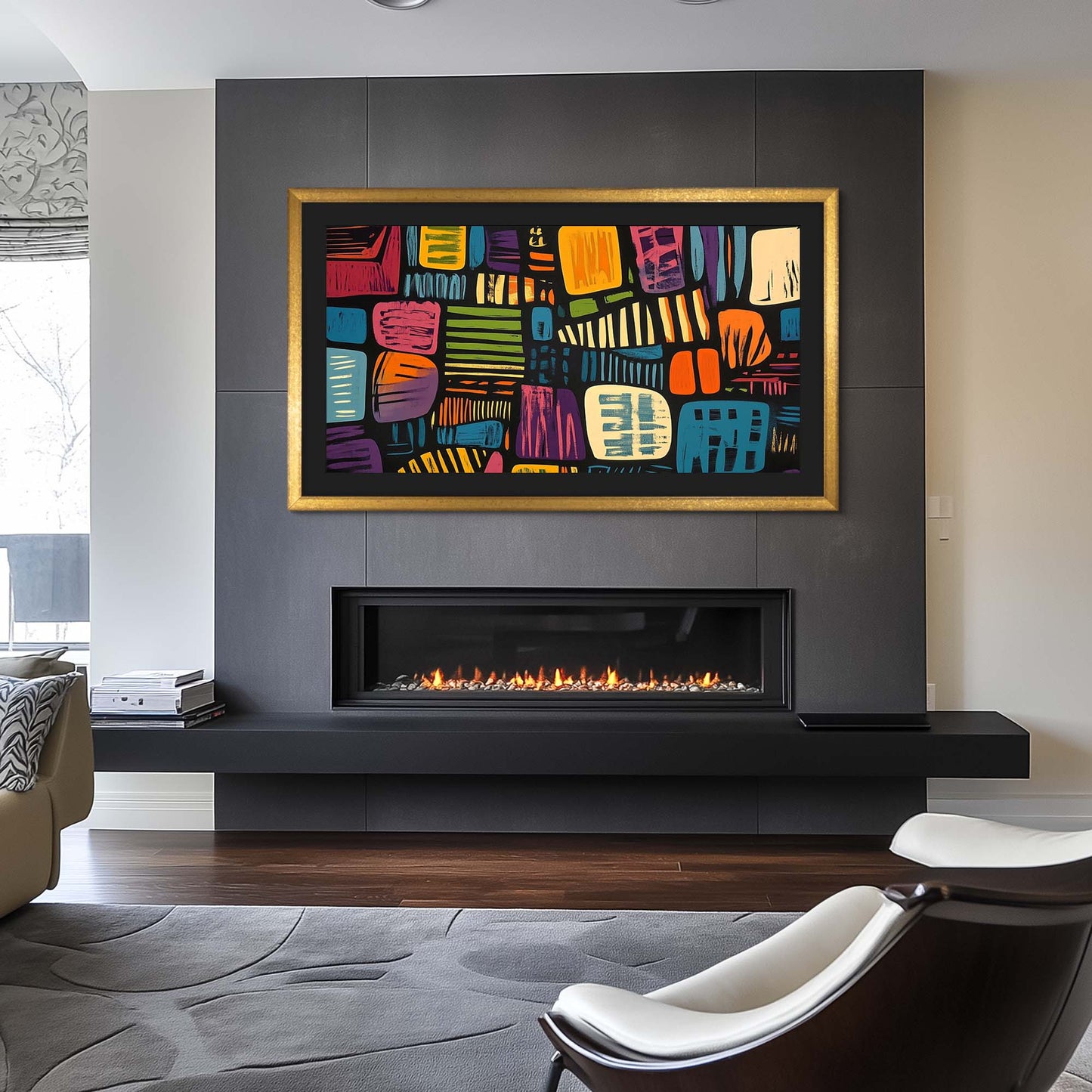 gold frame on the wall above and electric fireplace in modern designer living design, abstract flower artwork