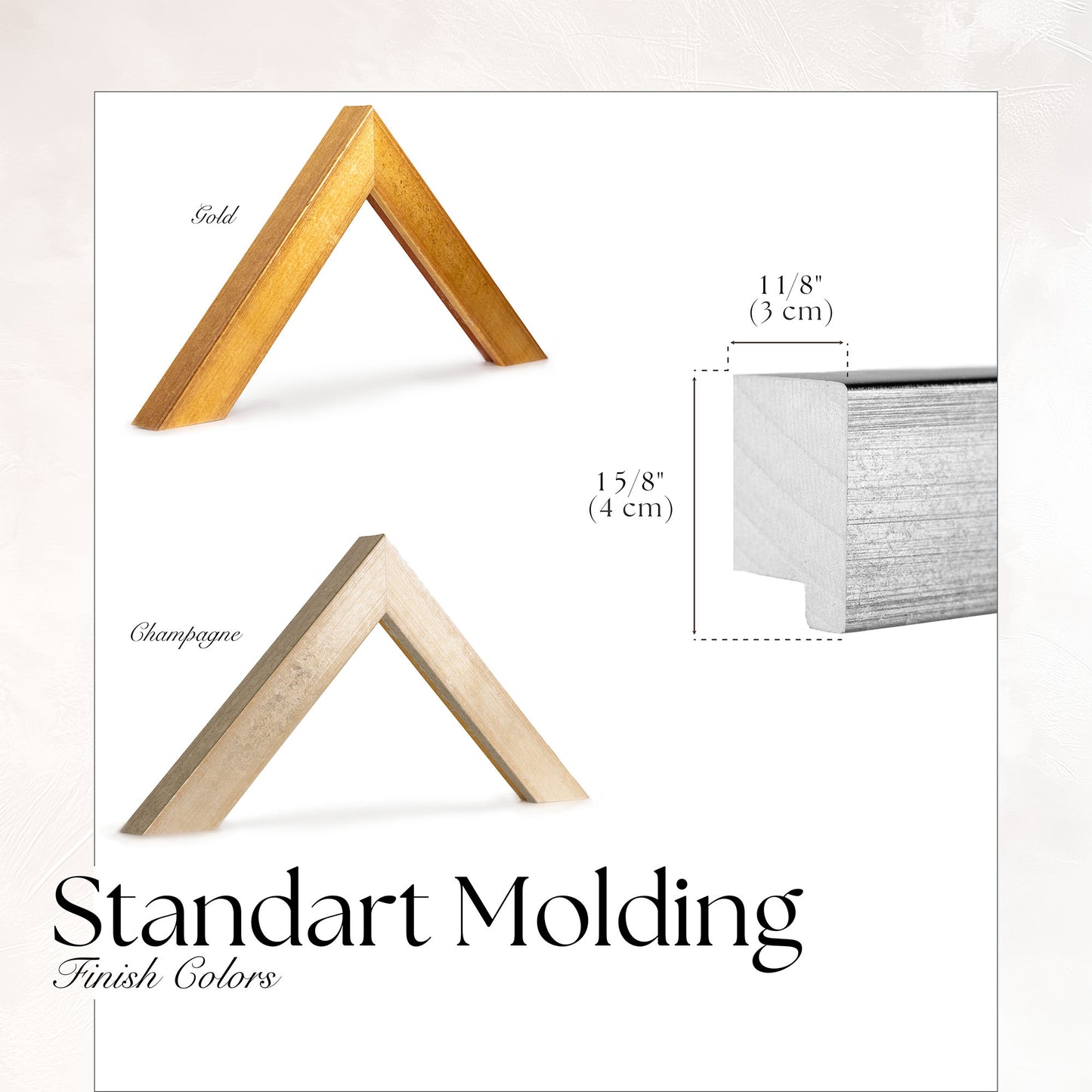 TV frame moldings and their samples, available in gold and silver champagne colors