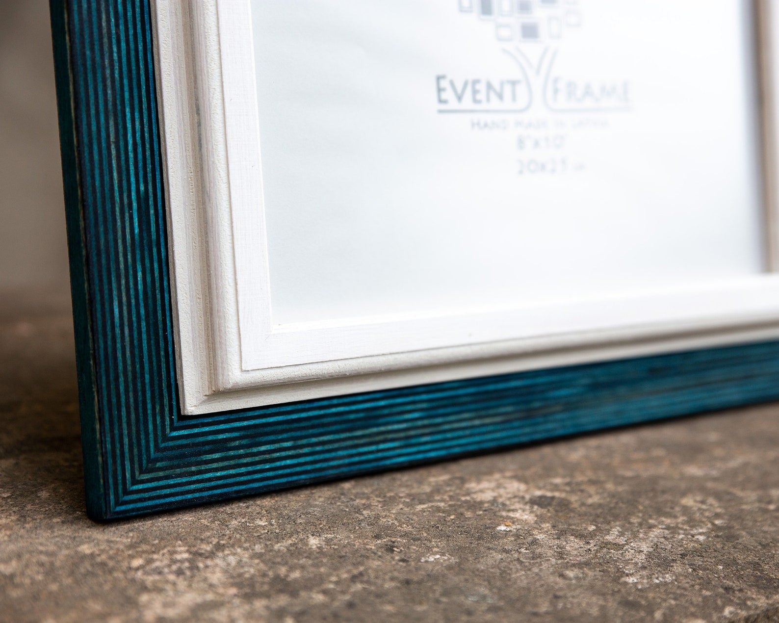 Close-up of a teal picture frame with 'Event Picture Frame' text on a textured surface. Blue and White Artistic Painting Frame, Wall art Photo Frame, ANY CUSTOM SIZES: 8x10, 8x12, 11x14, 9x11, 9x12, 10x10, 10x13, 12x14, 14x18
