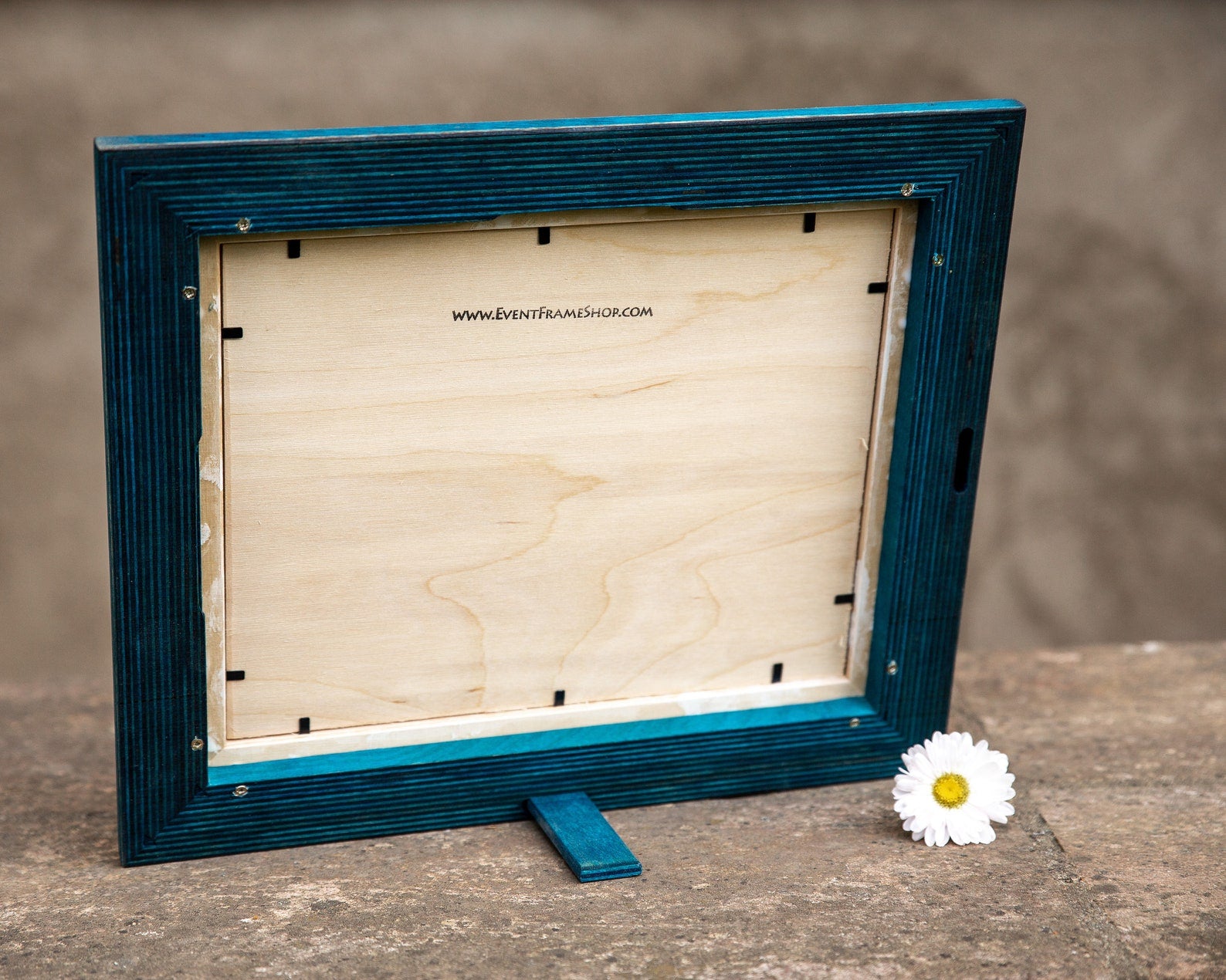 Blue picture frame with 'www.EventFrameShop.com' label on a wooden surface with a white flower. Blue and White Artistic Painting Frame, Wall art Photo Frame, ANY CUSTOM SIZES: 8x10, 8x12, 11x14, 9x11, 9x12, 10x10, 10x13, 12x14, 14x18