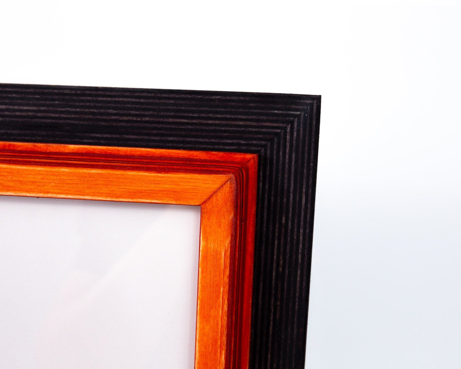 Close-up of a black and orange picture frame on a white background. Custom Wood Picture Frame, Black + Orange Colors, Rustic Photo Frame, SIZES 5x7, 8x10, A4, 9x11, A5, A3, 4x6, 20x30, 7x9, 16x20, 18x24, 8x12