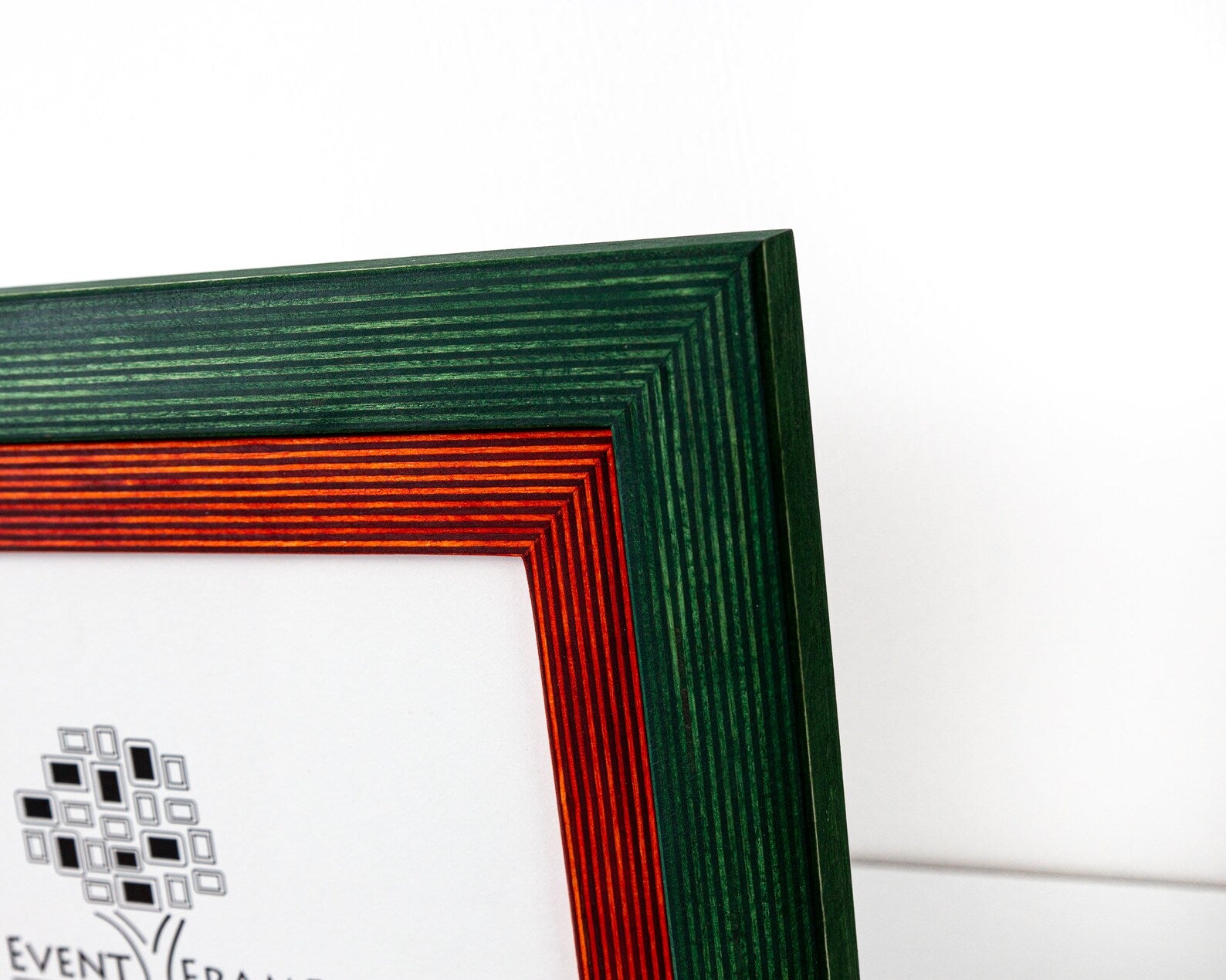 Close-up of a green and red wooden picture frame with 'Event Frame' branding. Green + Orange Picture Frame, Photo Frame with Wooden Mat, Two Tone Gallery Wall Frame, Handmade Poster Frame, Custom Sizes 8x10 24x36 20x30