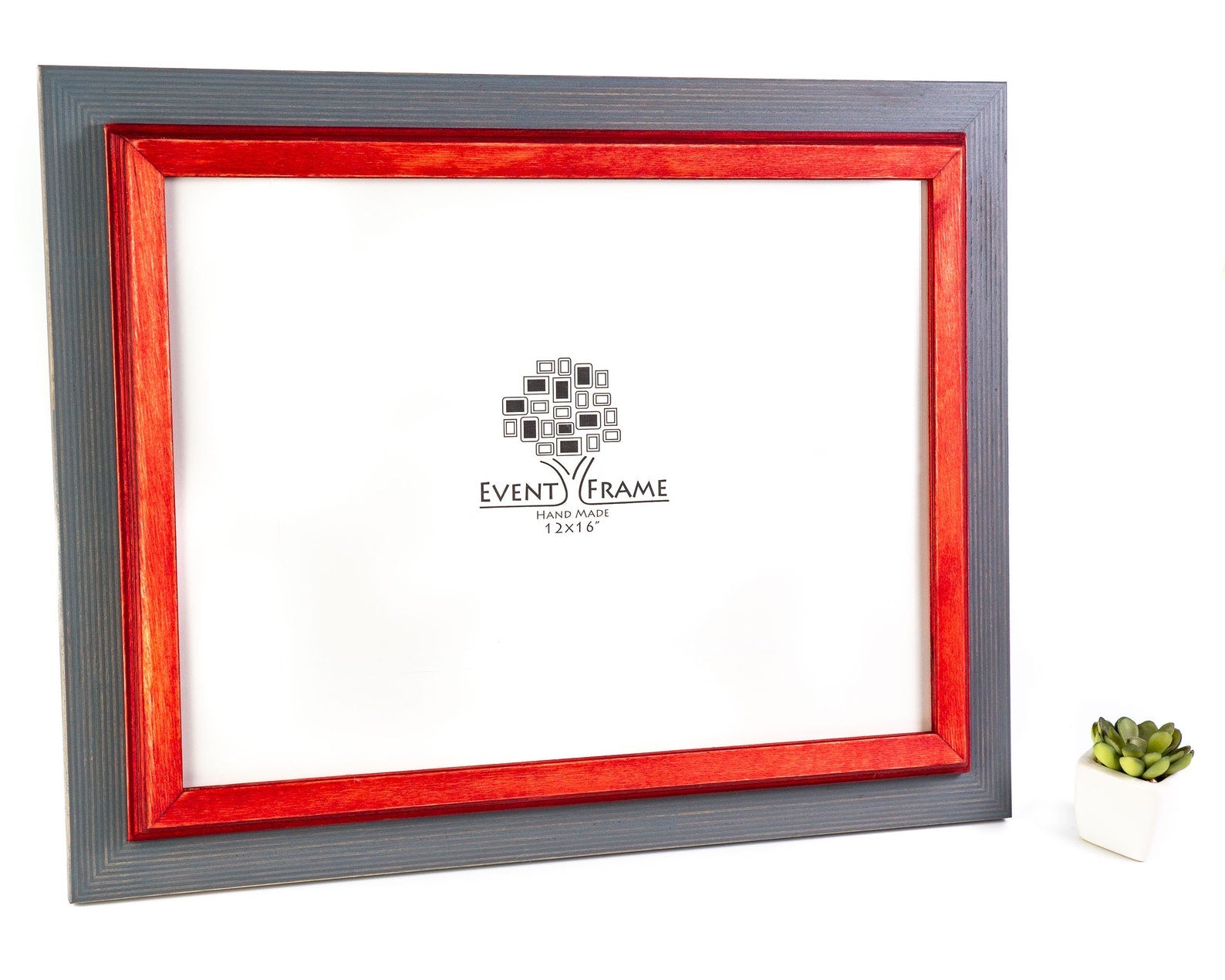 Gray and red picture frame with 'Event Frame' logo on a white background. Grey and Red Wooden Picture Frame, Handmade Photo Frame, Any Custom Sizes 4x6 5x7 5.5x8.5 6x6 6x9 8x10 9x16 A4 12x16 20x30 18x24 14x18 13x19