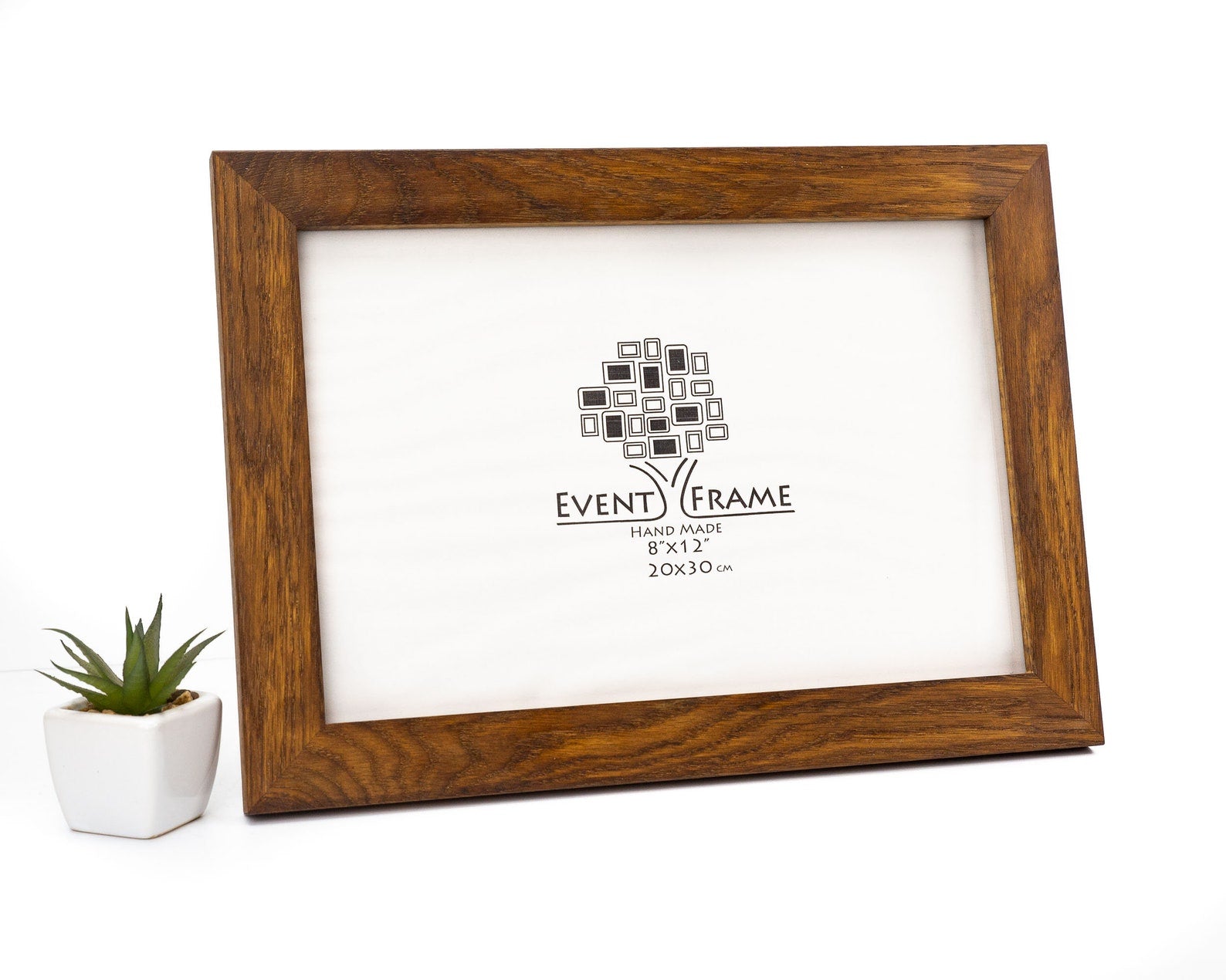 Wooden picture frame with 'Event Frame' logo on a white background. Oak Wood Photo Frame, Brown Rustic Picture Frame, Any Custom Size Gallery Frame A4, A3, A2, A1, 4x6, 5x7, 8x10, 9x12, 10x14, 16x20, 18x24