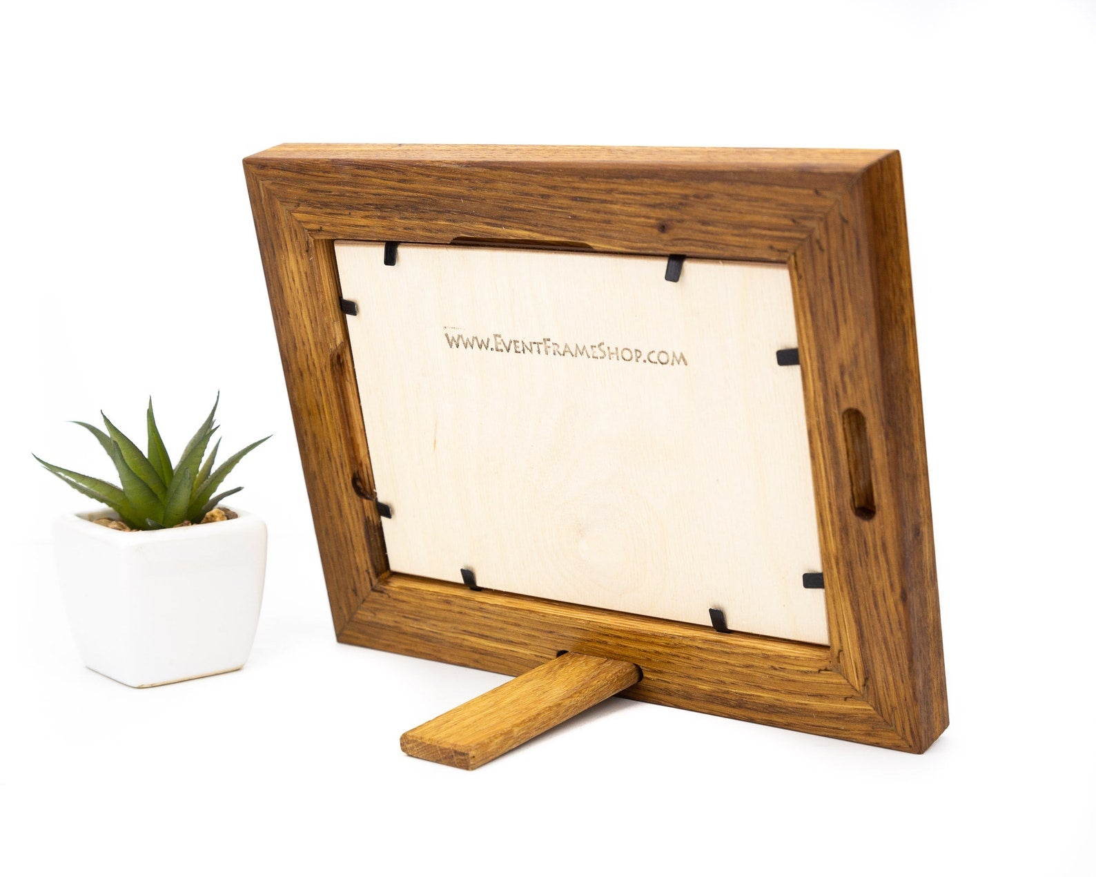 Wooden picture frame with a plant on a white background. Oak Wood Photo Frame, Brown Rustic Picture Frame, Any Custom Size Gallery Frame A4, A3, A2, A1, 4x6, 5x7, 8x10, 9x12, 10x14, 16x20, 18x24