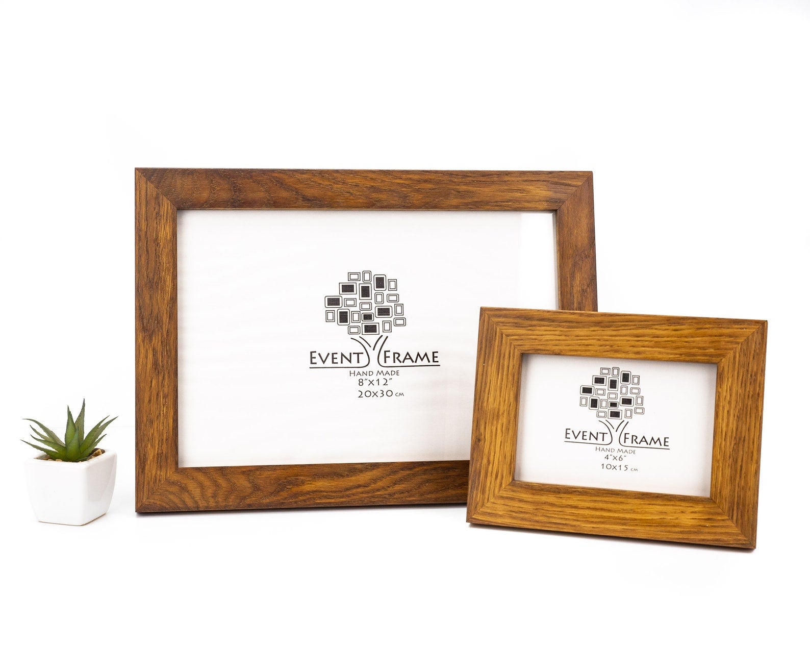 Two wooden picture frames with 'Event Frame' branding on a white background. Oak Wood Photo Frame, Brown Rustic Picture Frame, Any Custom Size Gallery Frame A4, A3, A2, A1, 4x6, 5x7, 8x10, 9x12, 10x14, 16x20, 18x24