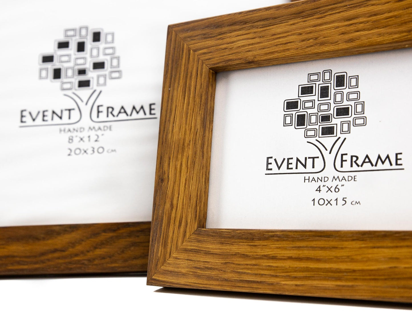 Wooden picture frames with 'Event Frame' branding and size labels. Oak Wood Photo Frame, Brown Rustic Picture Frame, Any Custom Size Gallery Frame A4, A3, A2, A1, 4x6, 5x7, 8x10, 9x12, 10x14, 16x20, 18x24