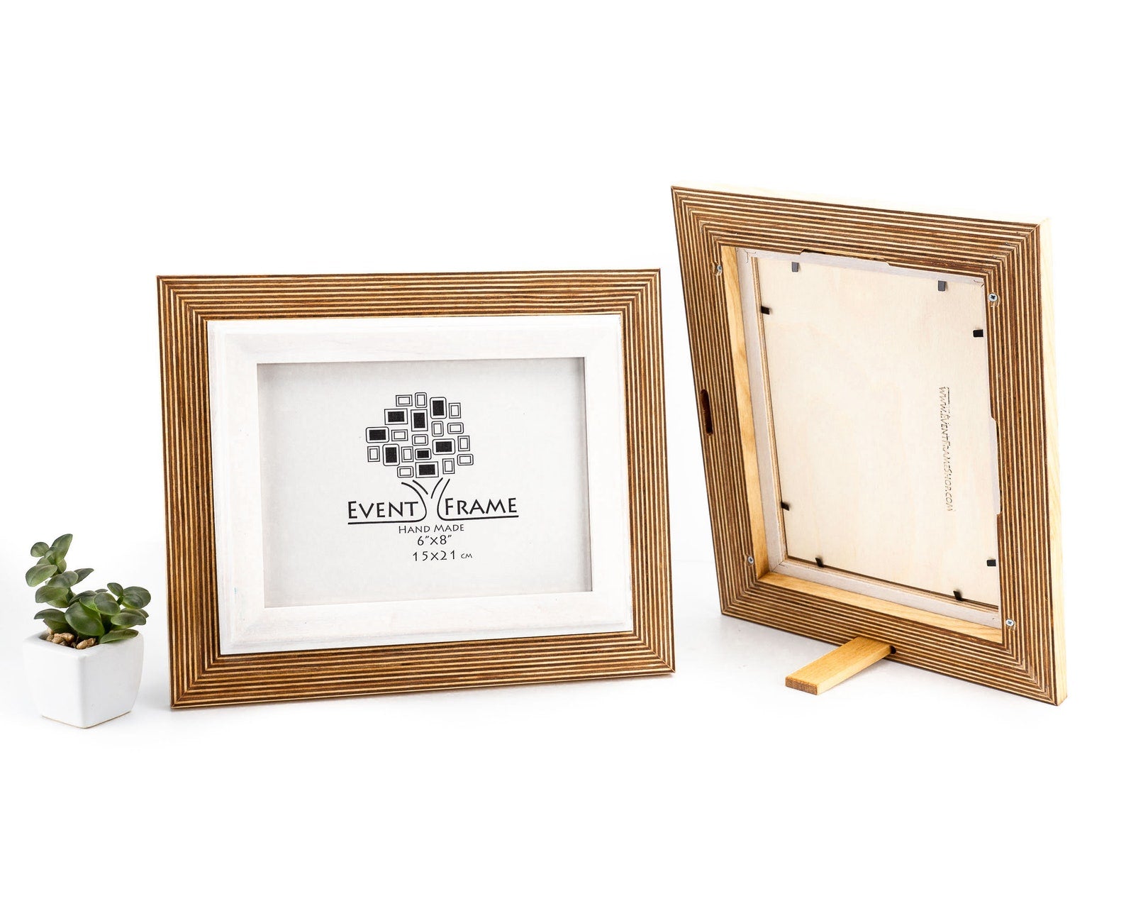 Two wooden picture frames on a white background with 'Event Frame' branding. Natural + White Picture Frame, Wooden Photo Frame, Rustic Frame, CUSTOM SIZES - 4x6 5x5 5x7 5.5x8.5 6x6 6x8 8x8 8x10 10x10 8x12 8.5x11 11x14
