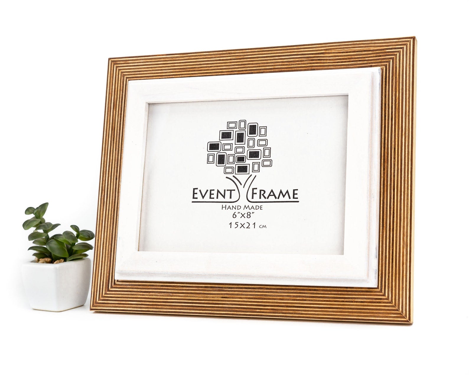 Gold picture frame with white mat and 'Event Frame' branding on a white background. Natural + White Picture Frame, Wooden Photo Frame, Rustic Frame, CUSTOM SIZES - 4x6 5x5 5x7 5.5x8.5 6x6 6x8 8x8 8x10 10x10 8x12 8.5x11 11x14