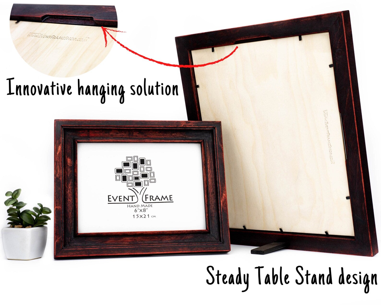 Wooden picture frame with 'Event Frame' logo, showing innovative hanging solution and steady table stand design. Reddish Black Shabby Chic Picture Frame, Hand Distressed Gallery Wall Frame, Custom Size Photo Frame A1, A2, A3, 11x14, 16x20, 18x24, 24x36