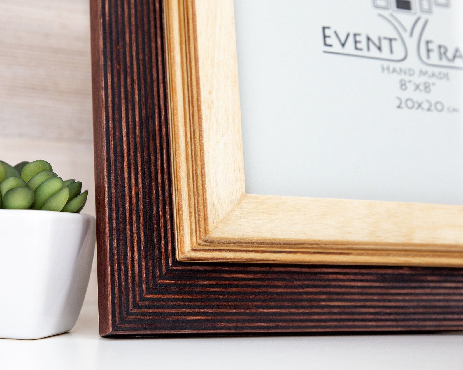 Wooden picture frame with a white mat and 'Event Frame' branding on a light background. Brown + Natural Photo Frame, Wood Picture Frame, Gallery Wall Frames, Custom Size 5x7 8x10 10x10 8x12 8.5x11 11x14 12x18 18x24 20x30 A1 A2