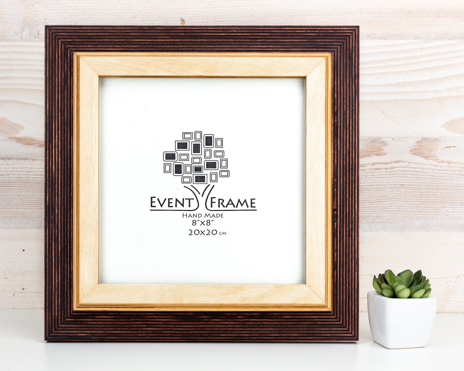 Wooden picture frame with 'EventFrame' branding on a light wooden background. Brown + Natural Photo Frame, Wood Picture Frame, Gallery Wall Frames, Custom Size 5x7 8x10 10x10 8x12 8.5x11 11x14 12x18 18x24 20x30 A1 A2