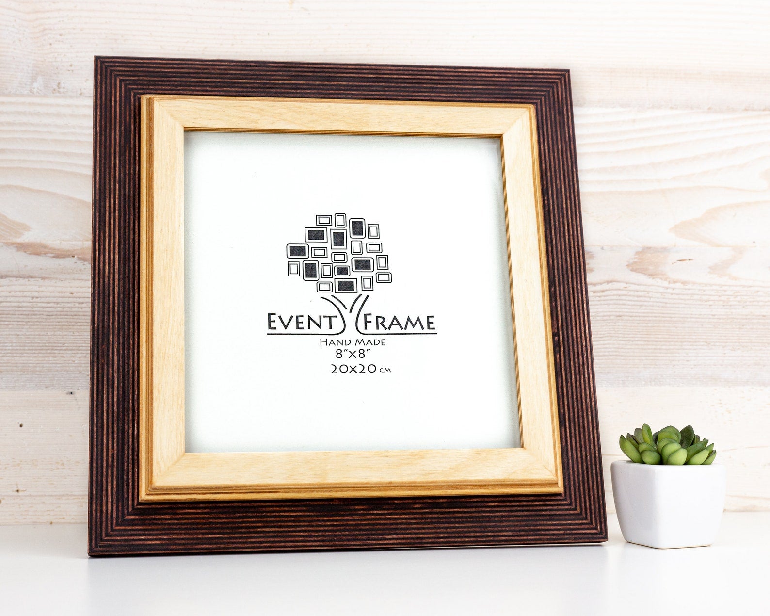 Wooden picture frame with 'Event Frame' branding on a light wooden surface. Brown + Natural Photo Frame, Wood Picture Frame, Gallery Wall Frames, Custom Size 5x7 8x10 10x10 8x12 8.5x11 11x14 12x18 18x24 20x30 A1 A2