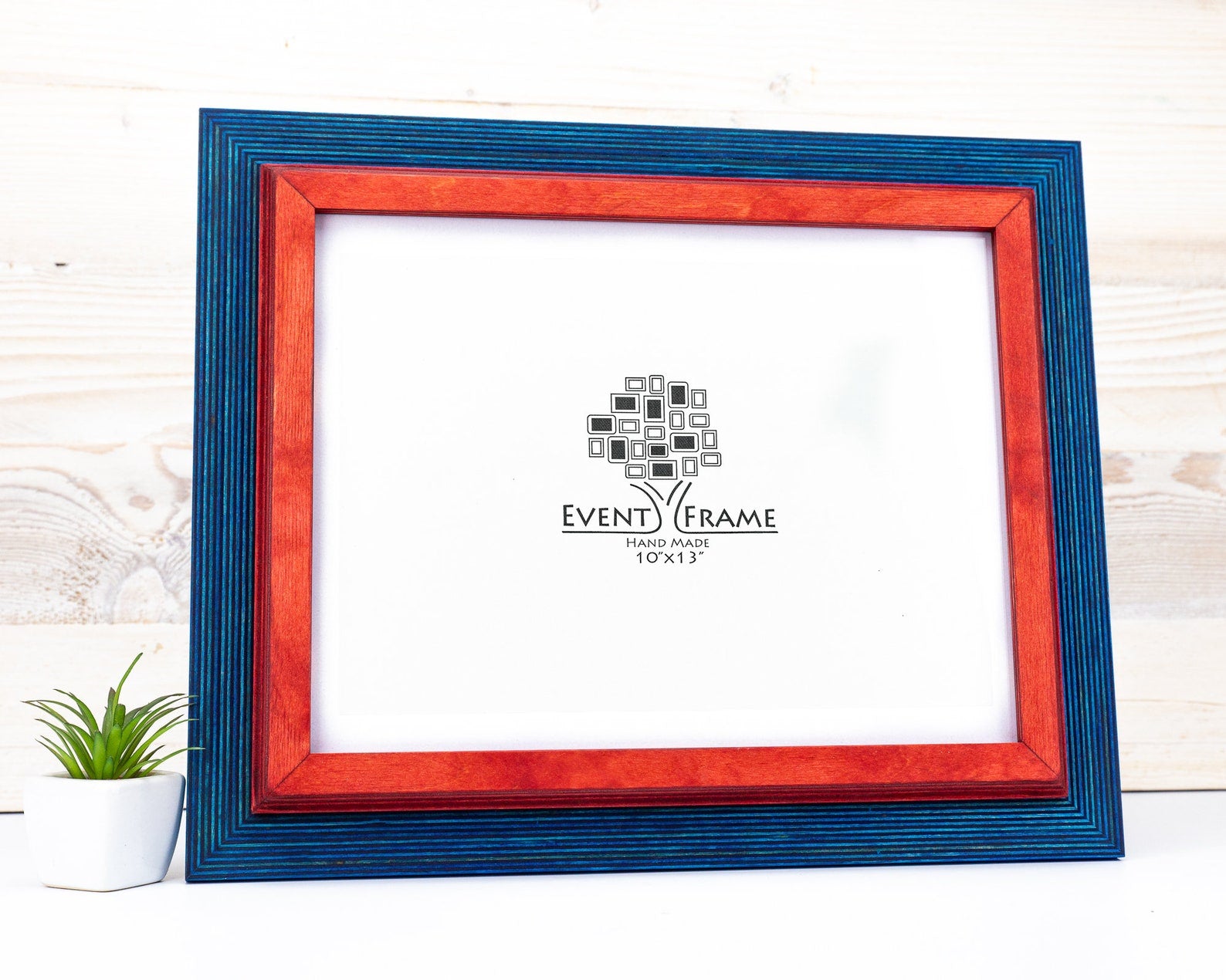 Red and blue picture frame with 'Event Frame' logo on a white background. Blue and Red Picture Frame, Wooden Photo Frame, Double Picture Frame SIZES- 4x4 4x6 5x5 5x7 5.5x8.5 6x6 6x8 8x8 8x10 10x10 8x12 8.5x11 11x14