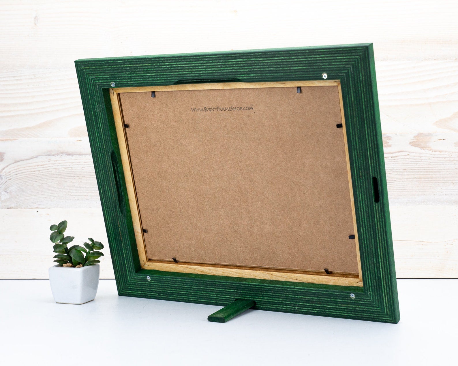 Green picture frame with a cardboard backer on a white surface. Green + Natural Picture Frame, Wooden Photo Frame for Wall Art, Custom Picture Frame 5x7, 8x8, 8x10, 11x17, 12x18, 18x24, 20x36, A3, A4, A5