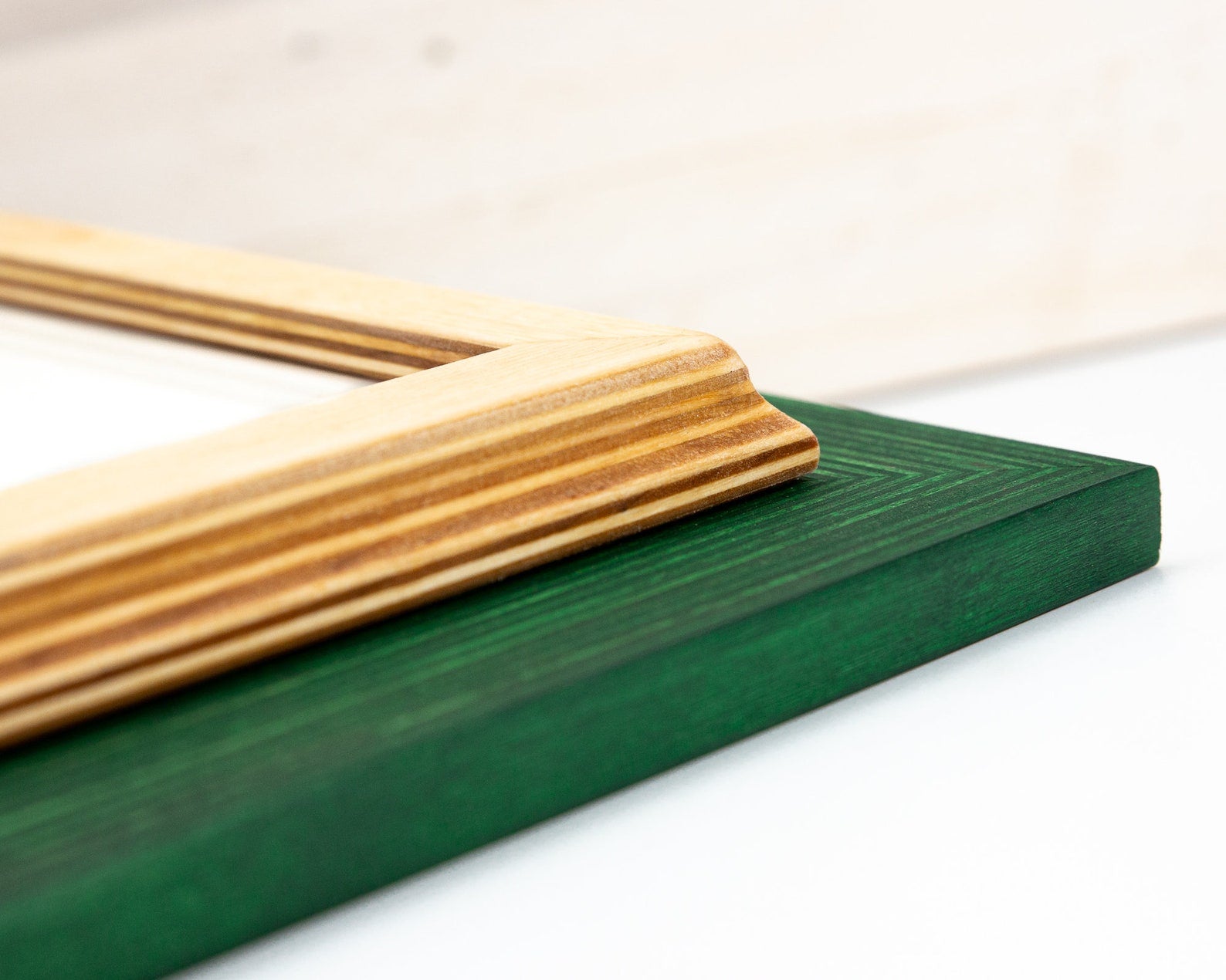 Wooden picture frame in green and natural wood color on white background. Green + Natural Picture Frame, Wooden Photo Frame for Wall Art, Custom Picture Frame 5x7, 8x8, 8x10, 11x17, 12x18, 18x24, 20x36, A3, A4, A5