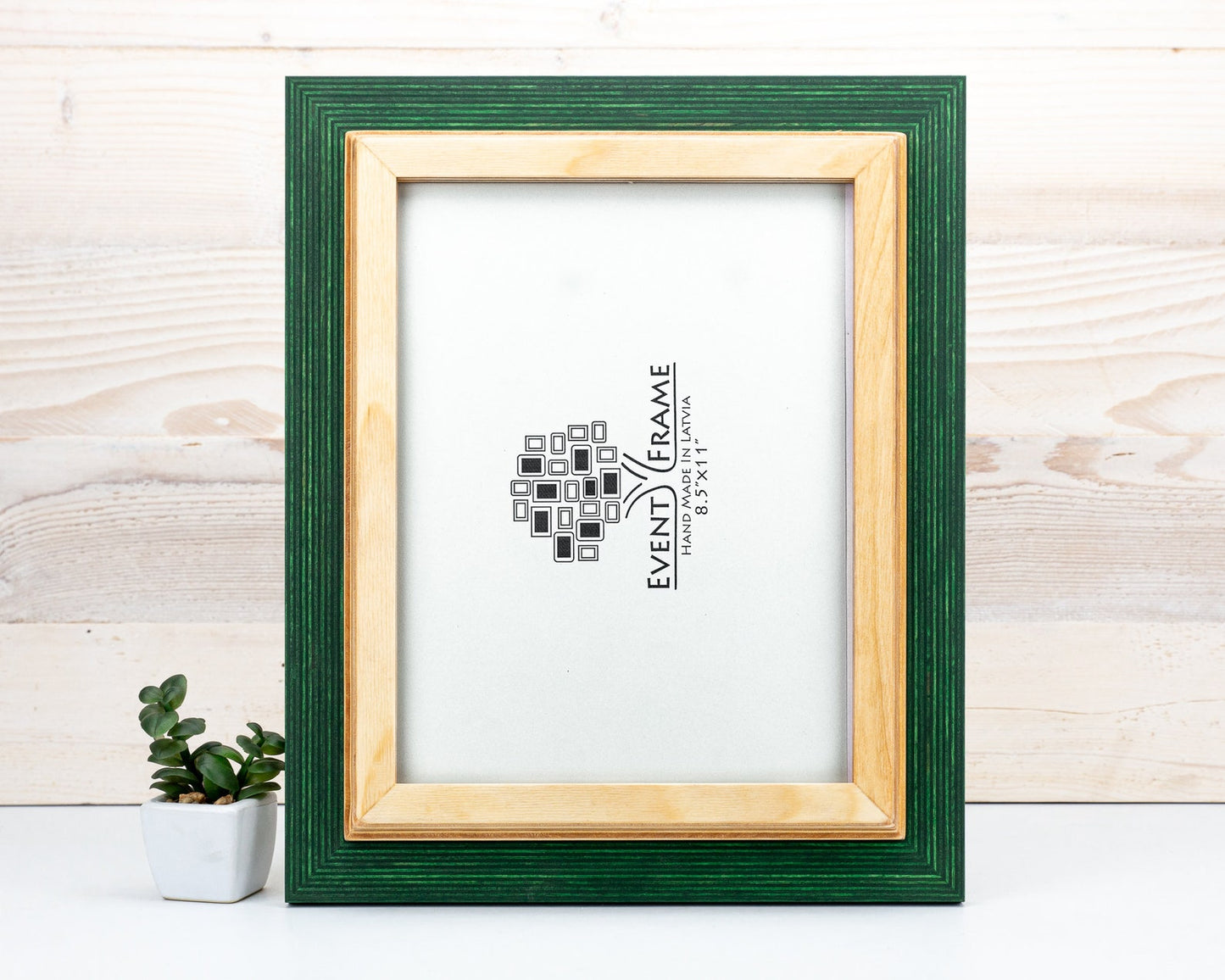 Green and gold picture frame on a white surface with a light wood background. Green + Natural Picture Frame, Wooden Photo Frame for Wall Art, Custom Picture Frame 5x7, 8x8, 8x10, 11x17, 12x18, 18x24, 20x36, A3, A4, A5